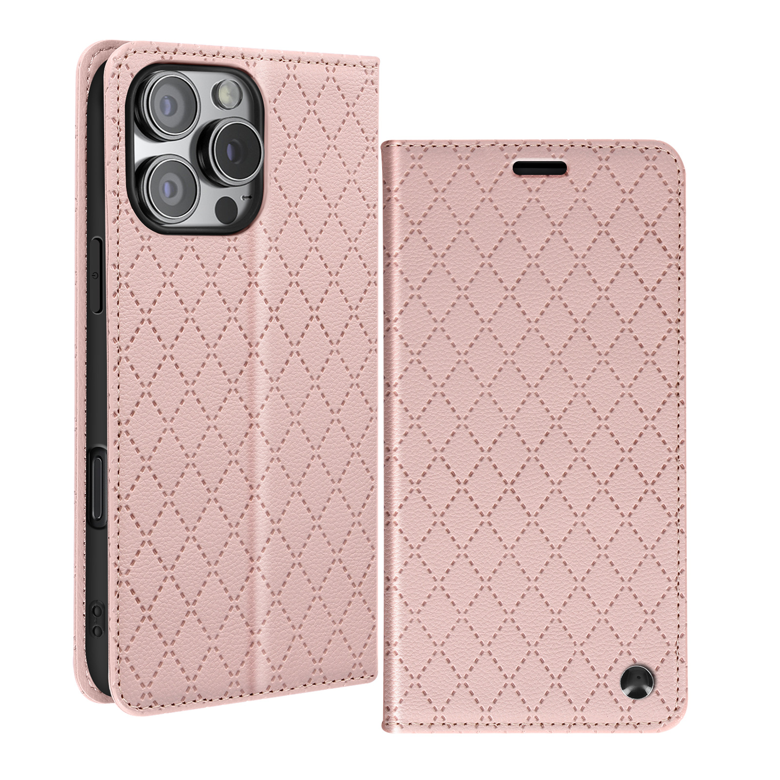 Custodia rosa per telefono con motivo a diamante, aperta e che mostra le fotocamere del telefono.