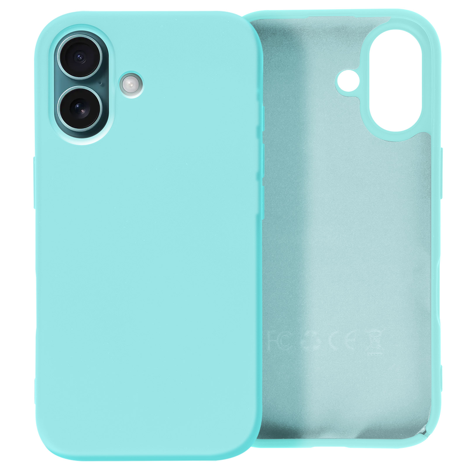 Une coque de téléphone bleu clair, avec la coque ouverte et montrant l'intérieur de la coque.