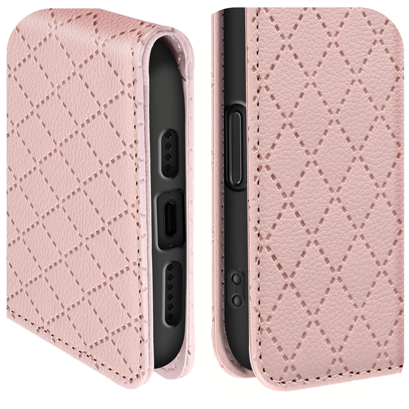 Custodia rosa per telefono con motivo a rombi. Aperta, mostra il telefono. La custodia è in pelle.