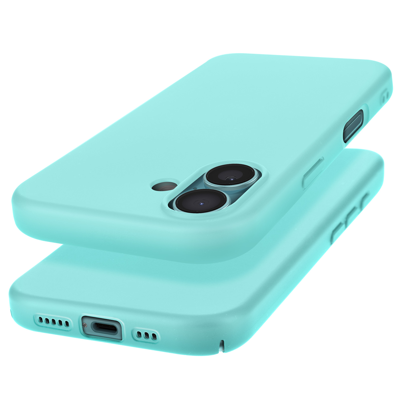 Deux coques de téléphone sarcelle, empilées. Fond blanc.