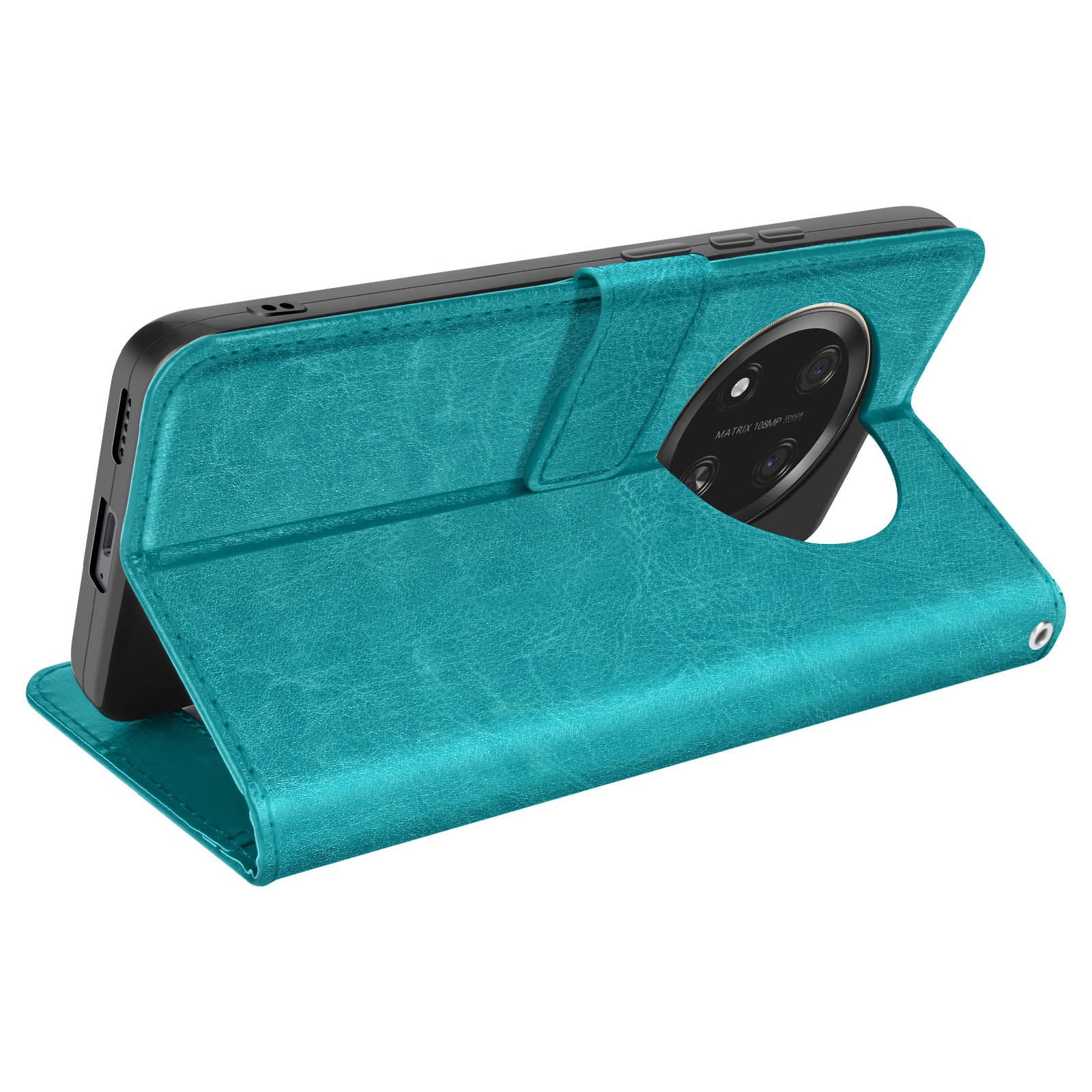 Custodia per telefono verde acqua aperta, che mostra le fotocamere del telefono e un supporto. Un telefono è inserito.
