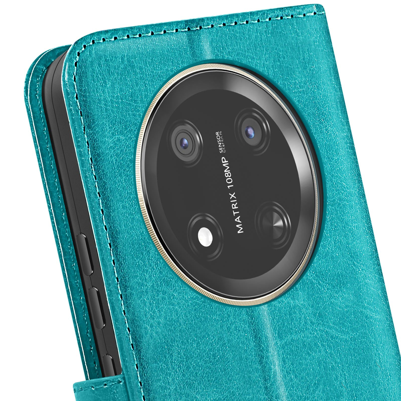Custodia per telefono in pelle verde acqua, aperta, che mostra la fotocamera del telefono. Sfondo bianco.