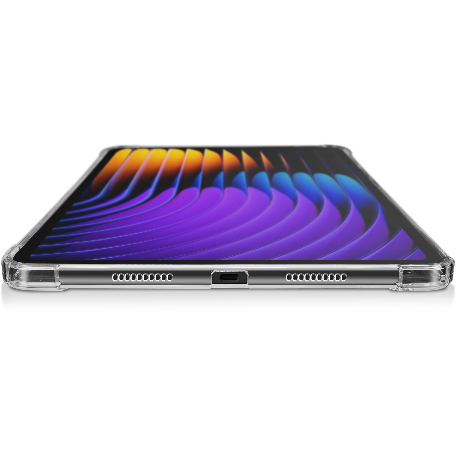 Tablet in einer durchsichtigen Hülle, das einen farbenfrohen Bildschirm zeigt. Die Hülle hat einen transparenten Rahmen.