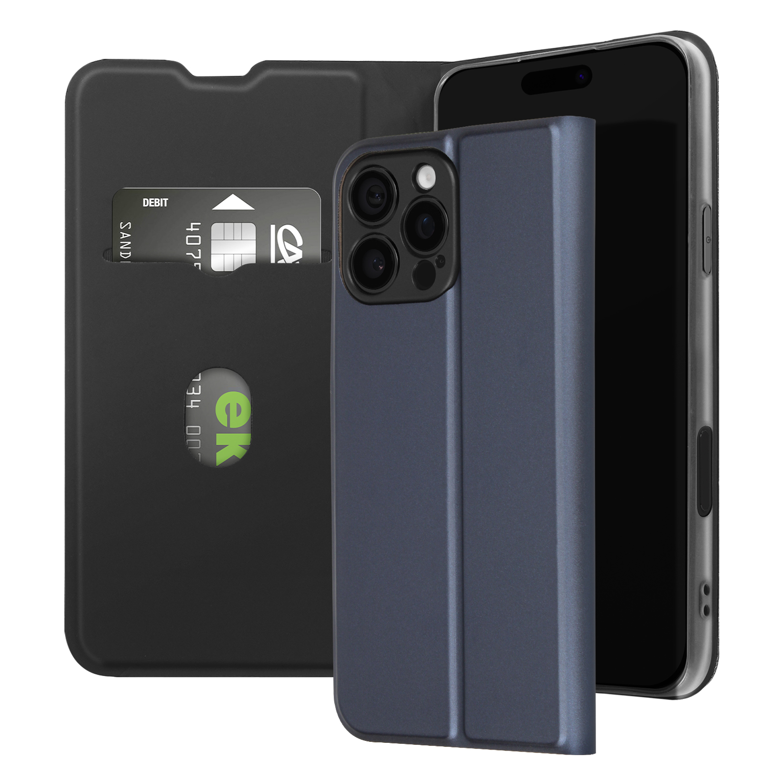 Custodia per telefono aperta, con carta di credito e telefono. Il telefono ha un rigonfiamento per la fotocamera.