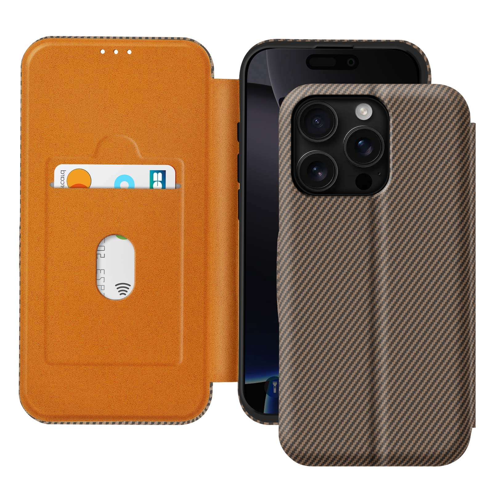Custodia per telefono con trama marrone e tasca per carte.