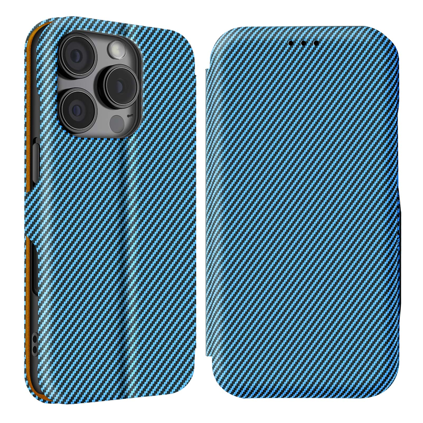 Custodia blu per telefono con motivo. Custodia aperta.