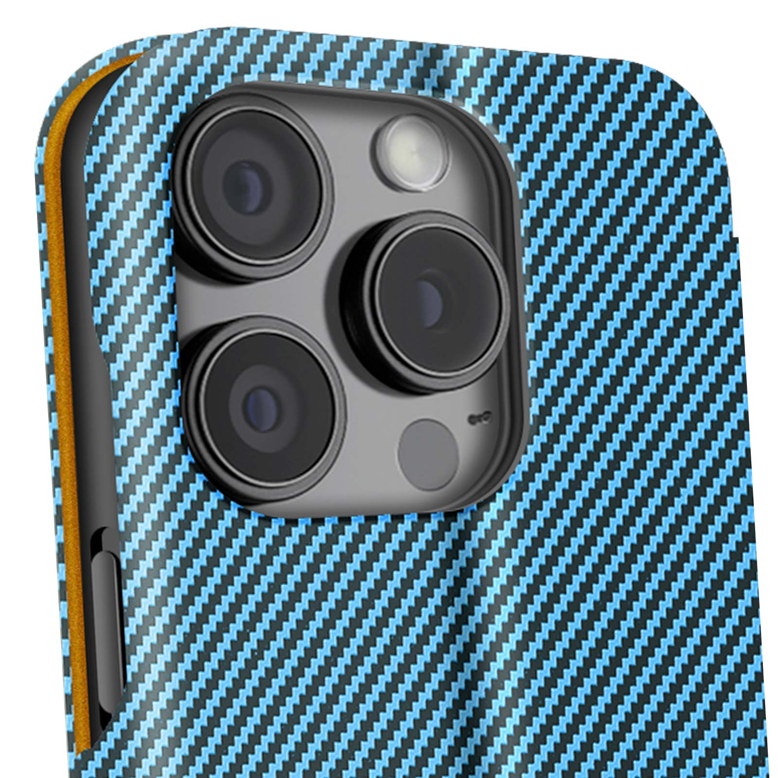 Primo piano di una custodia per telefono con motivo blu. L'obiettivo della fotocamera è visibile.