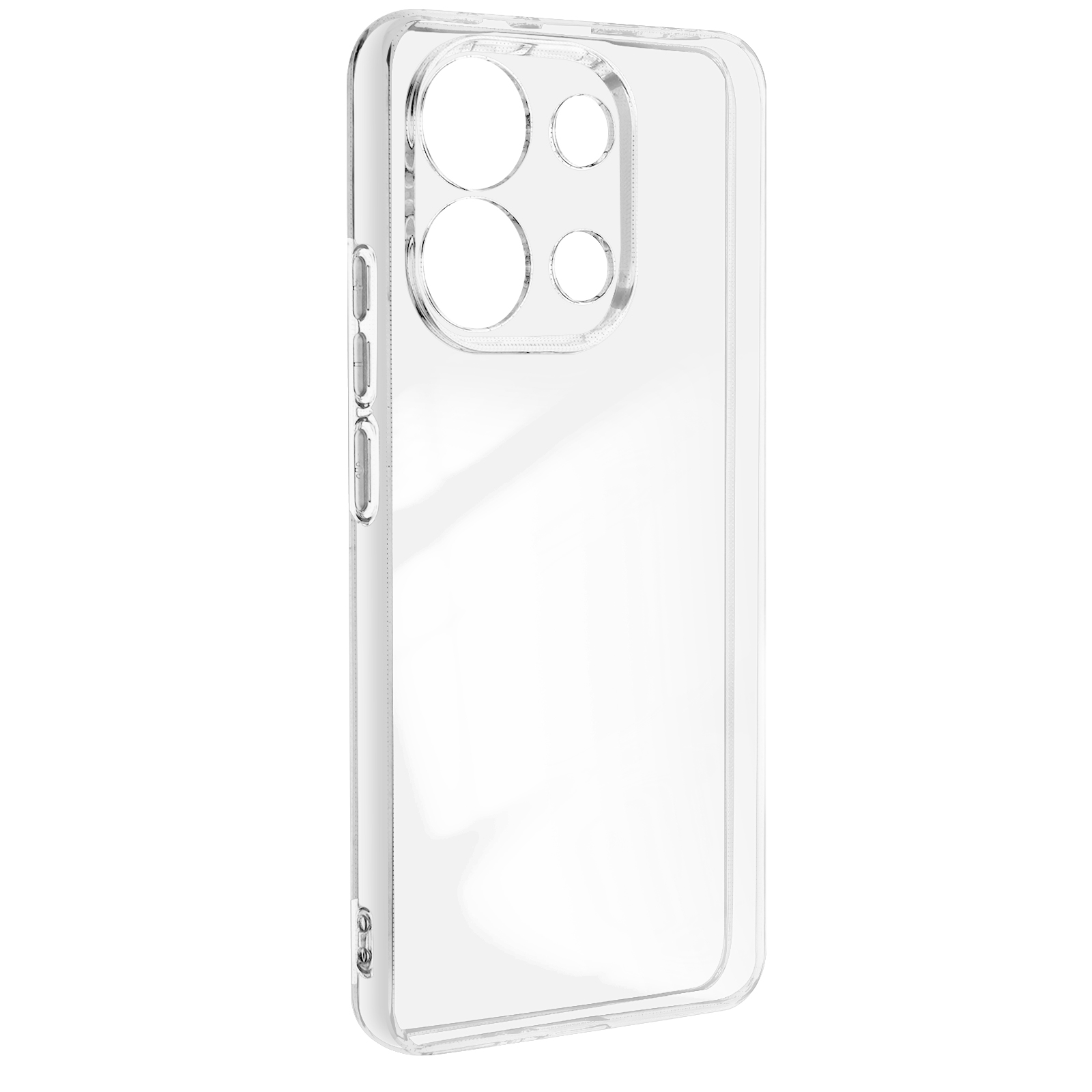 Custodia trasparente per telefono con ritagli per fotocamera e pulsanti.