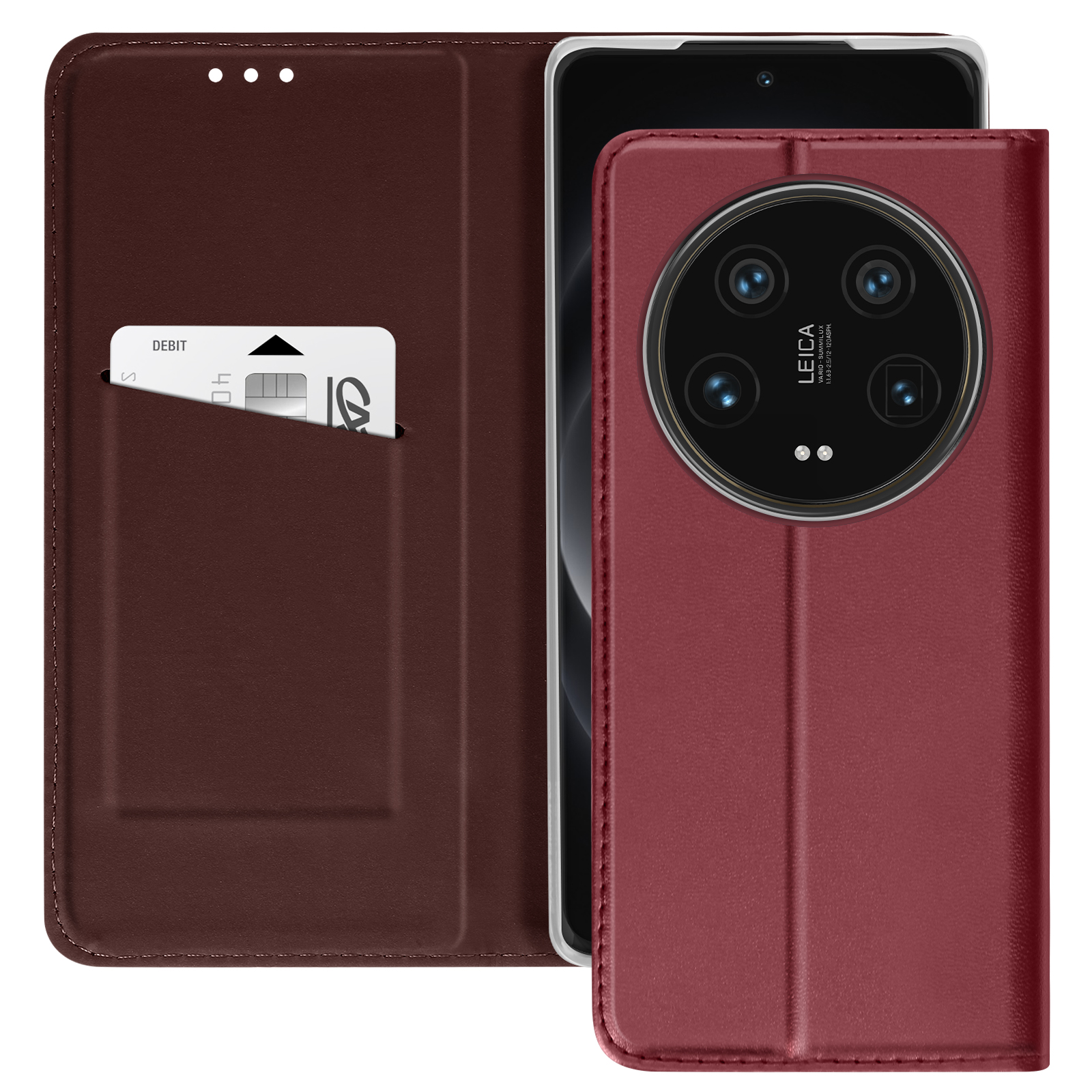 Étui de téléphone bordeaux ouvert. Carte visible, téléphone avec caméra visible.