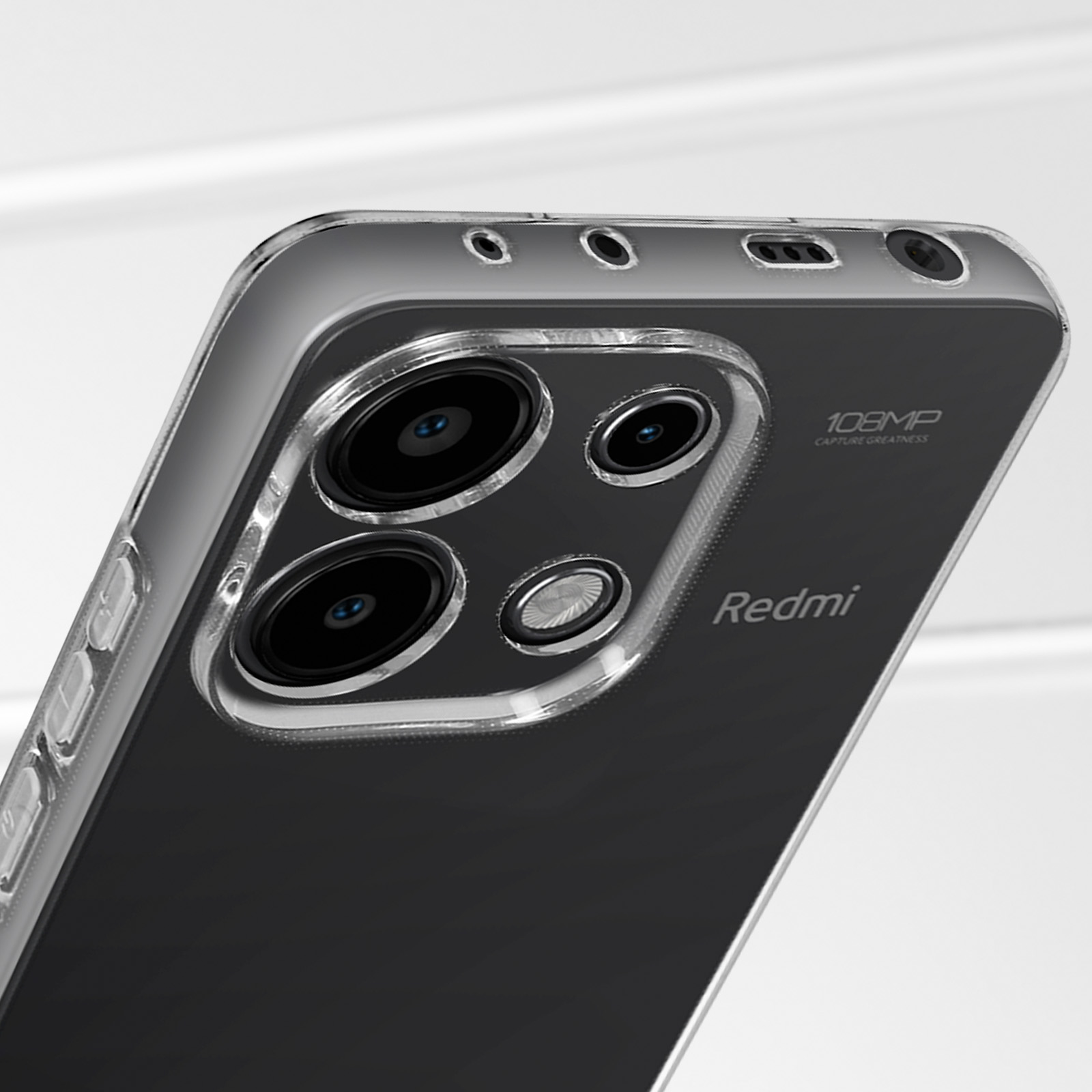 Custodia trasparente con lenti della fotocamera e marchio Redmi.