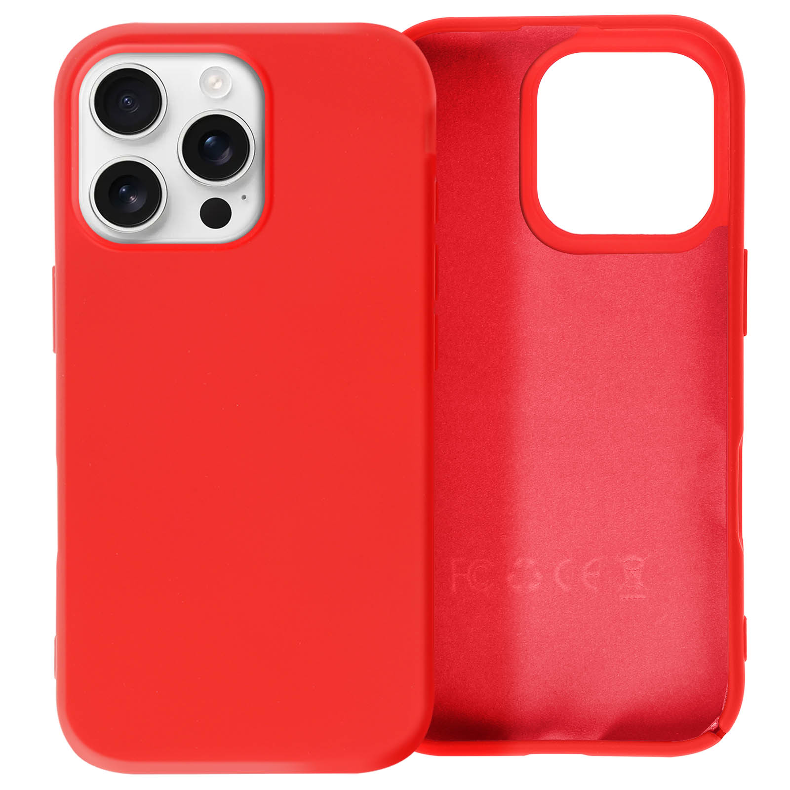 Custodia per telefono rossa, davanti e dietro. Ritagli per fotocamera e pulsanti. Sfondo bianco.