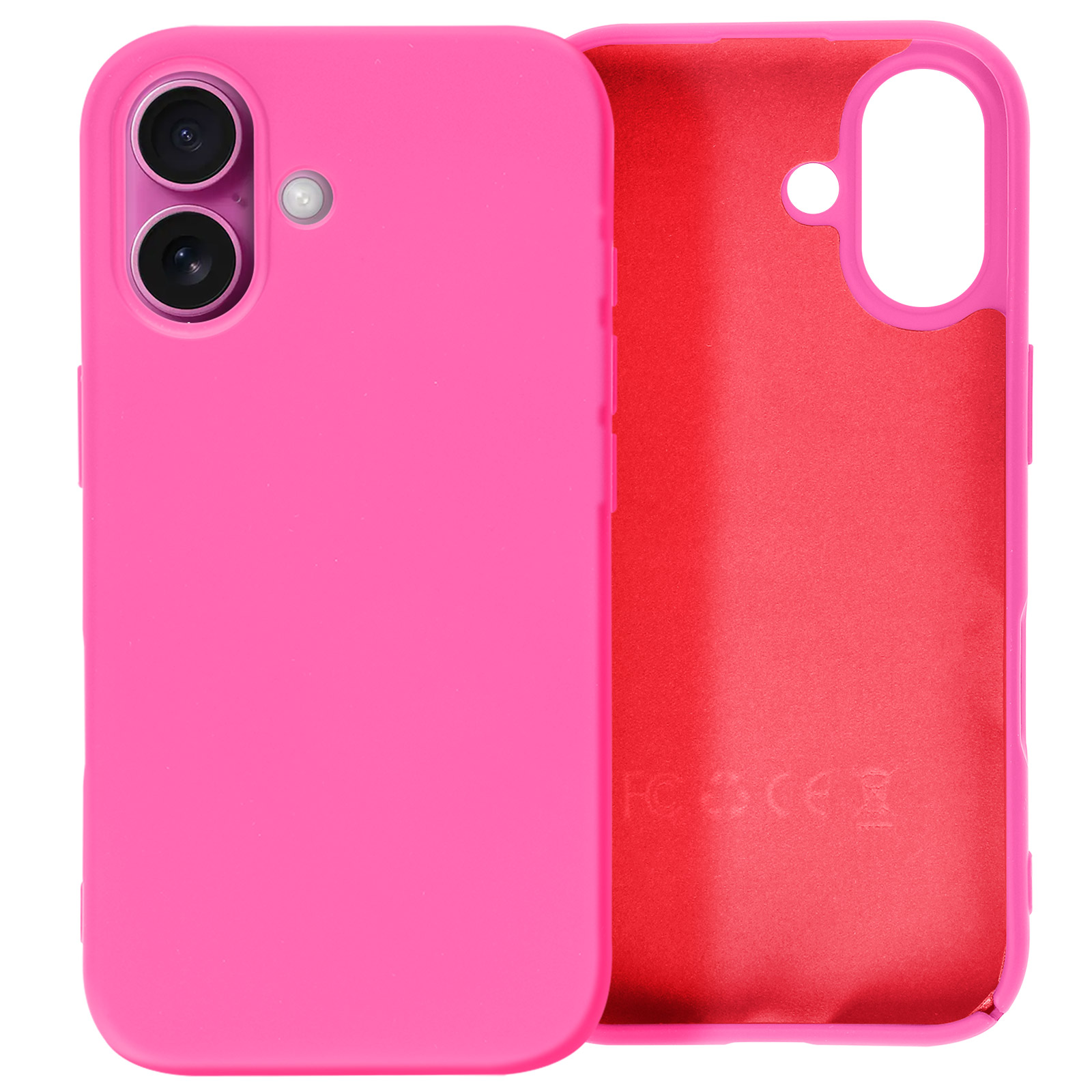 Custodia per telefono rosa, davanti e dietro. Ritagli per fotocamera e pulsanti. Sfondo bianco.