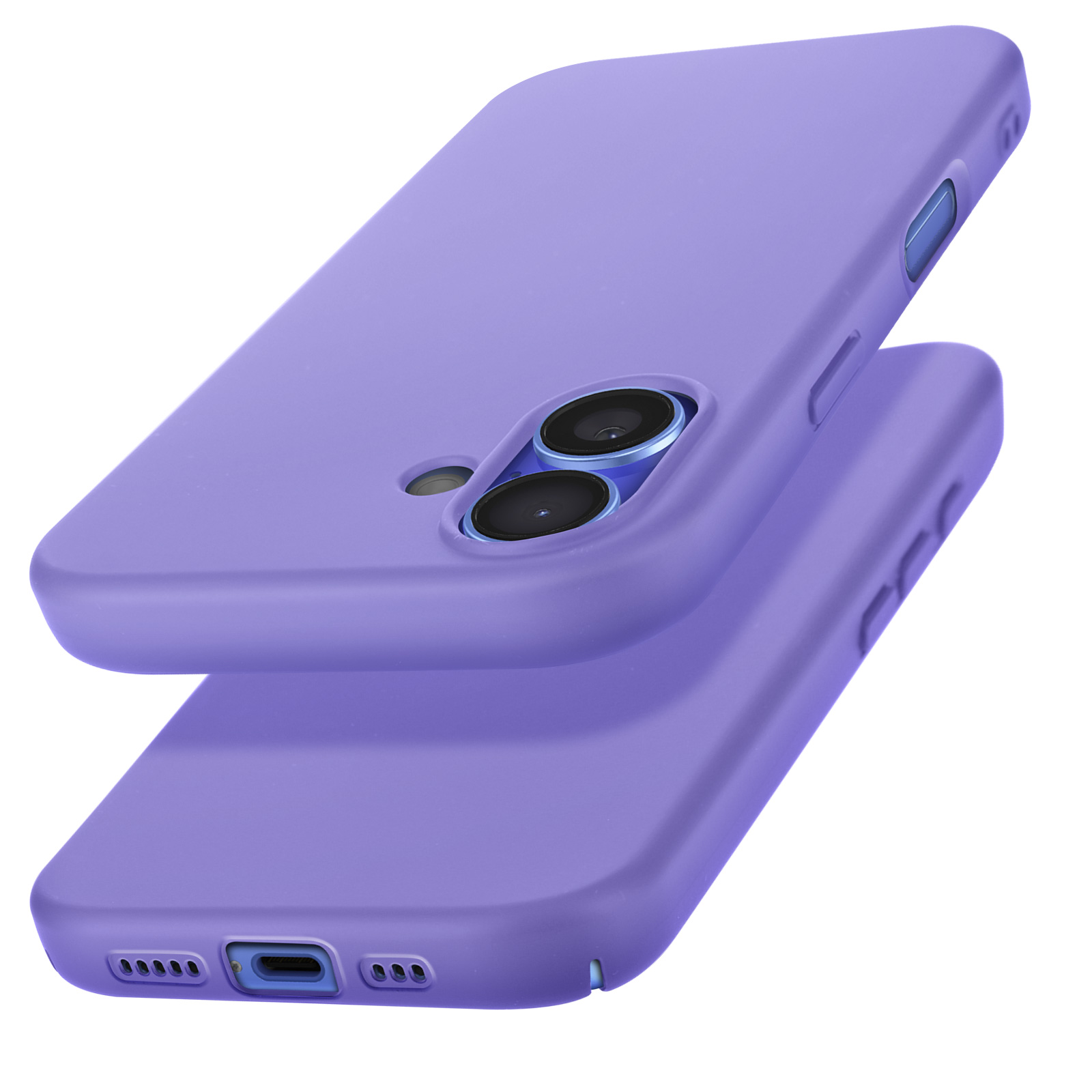 Due custodie per telefono viola. Una è sopra. La custodia del telefono ha due fotocamere.