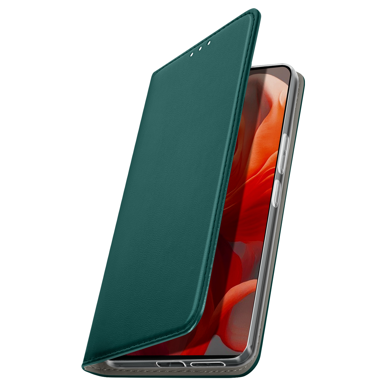 Custodia per telefono, verde, aperta, che mostra il telefono e lo schermo con sfondo floreale arancione.