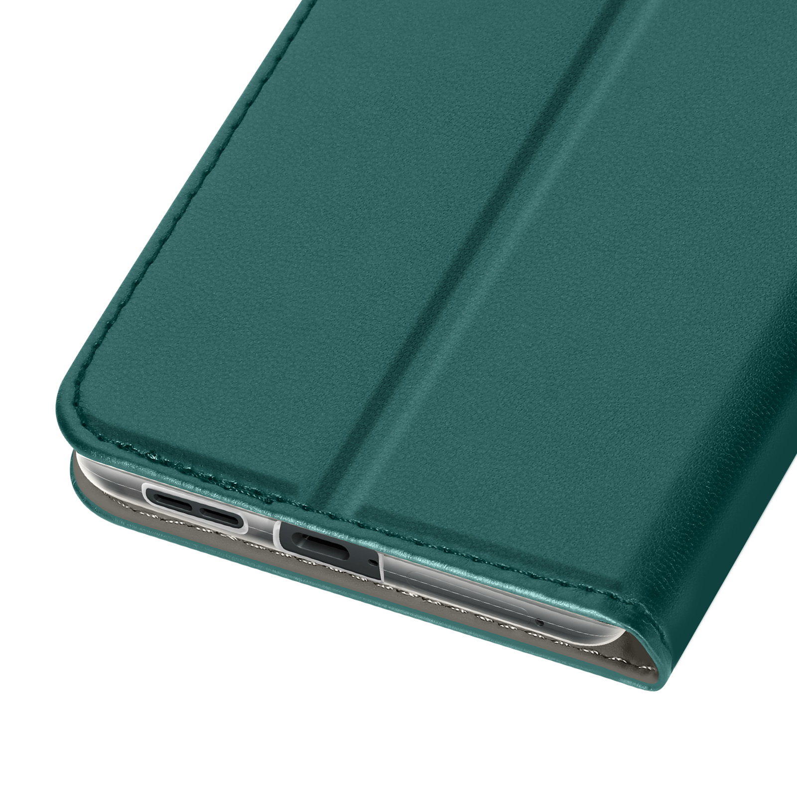 Custodia verde chiusa, che mostra un primo piano del bordo inferiore.