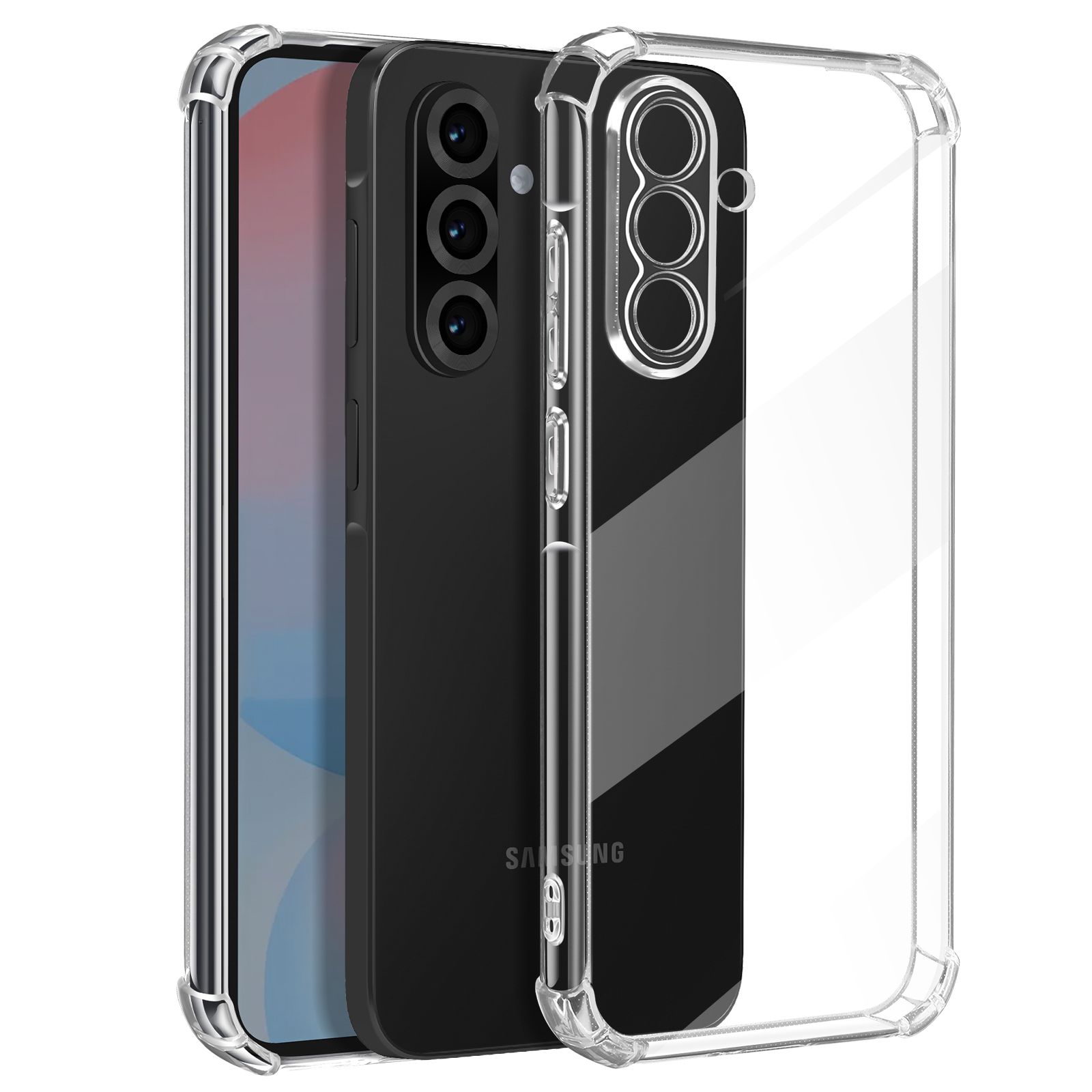 Schwarzes Telefon in einer durchsichtigen Hülle. Das Telefon steht neben einem anderen Telefon.