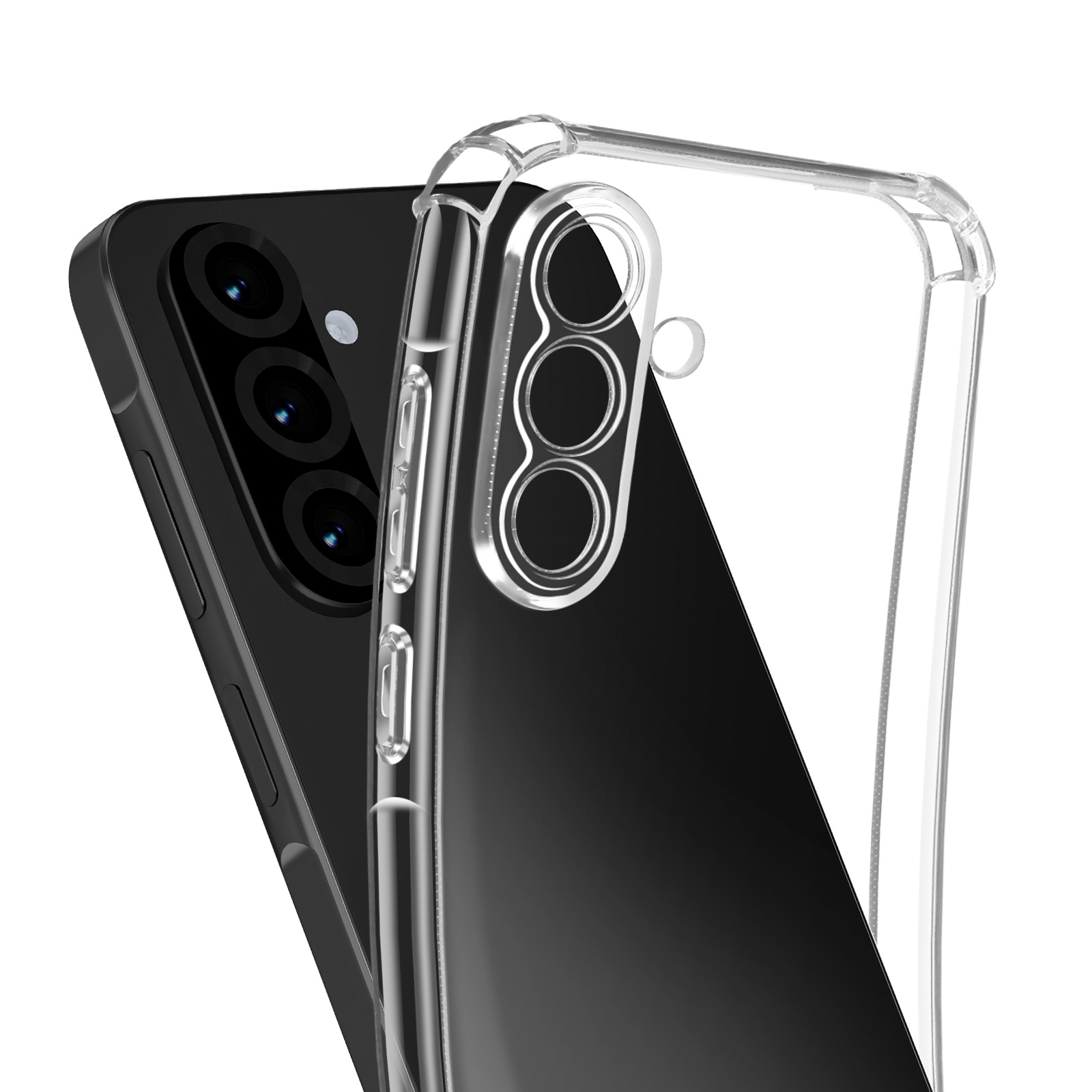 Zwei schwarze Telefone. Eine durchsichtige Handyhülle ist über einem. Beide haben mehrere Kameralinsen.