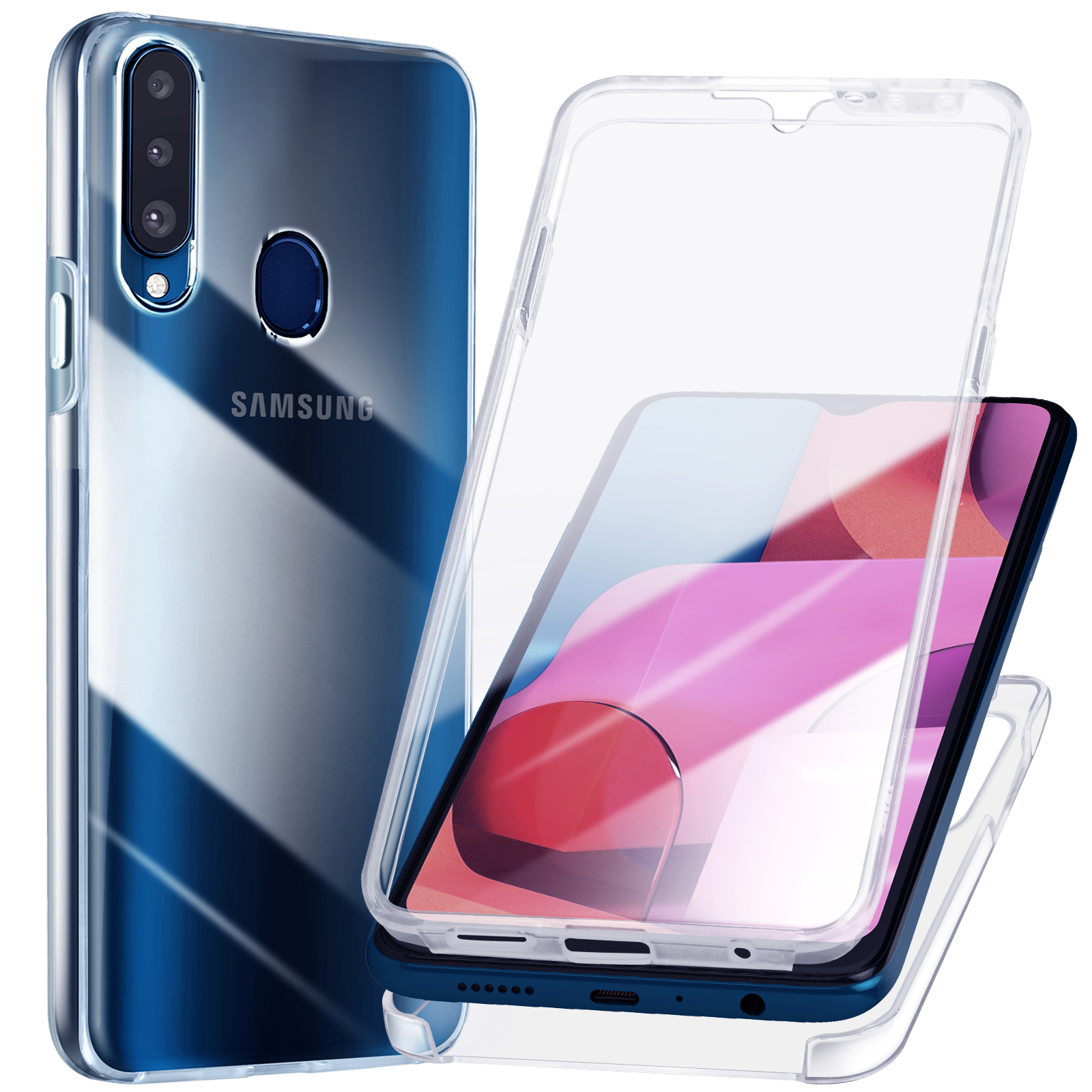 Un telefono in una custodia trasparente. Il telefono è blu e ha uno sfondo sfumato blu.