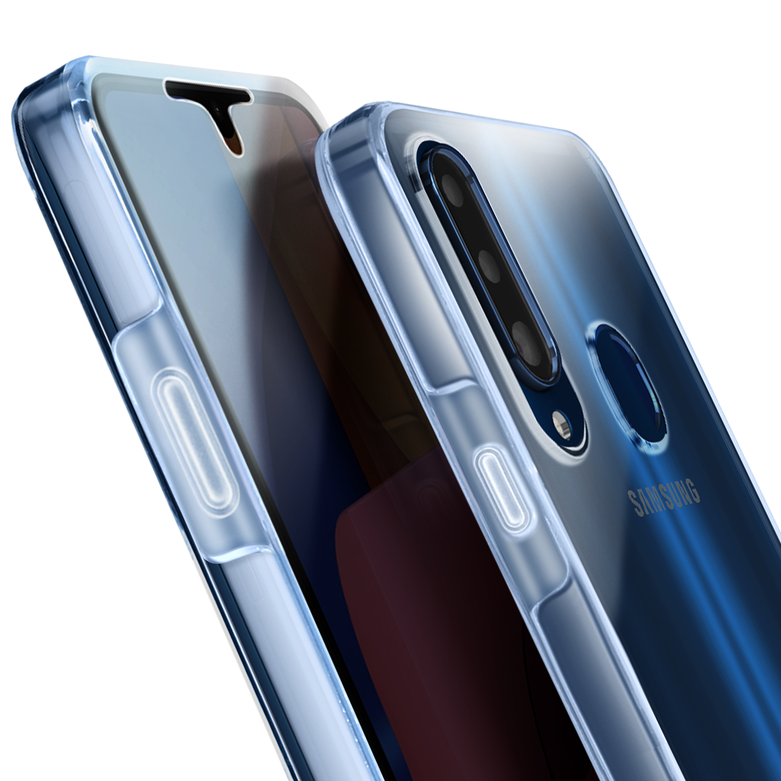 Un telefono in una custodia trasparente. Il telefono è blu. Lo sfondo è sfocato.