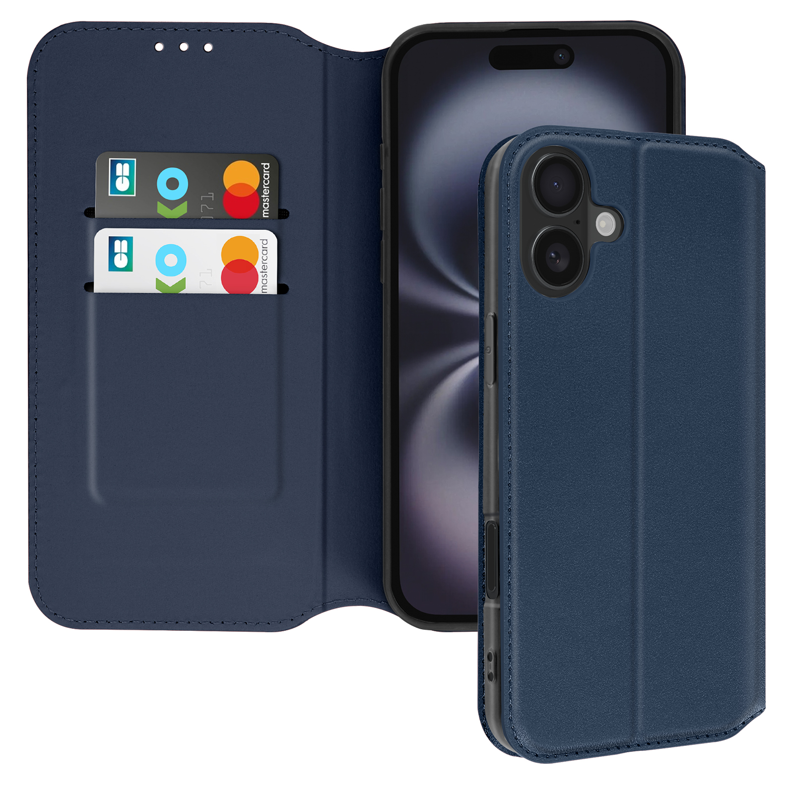 Una custodia blu per telefono in posizione aperta con carte di credito visibili. Il telefono è nero.