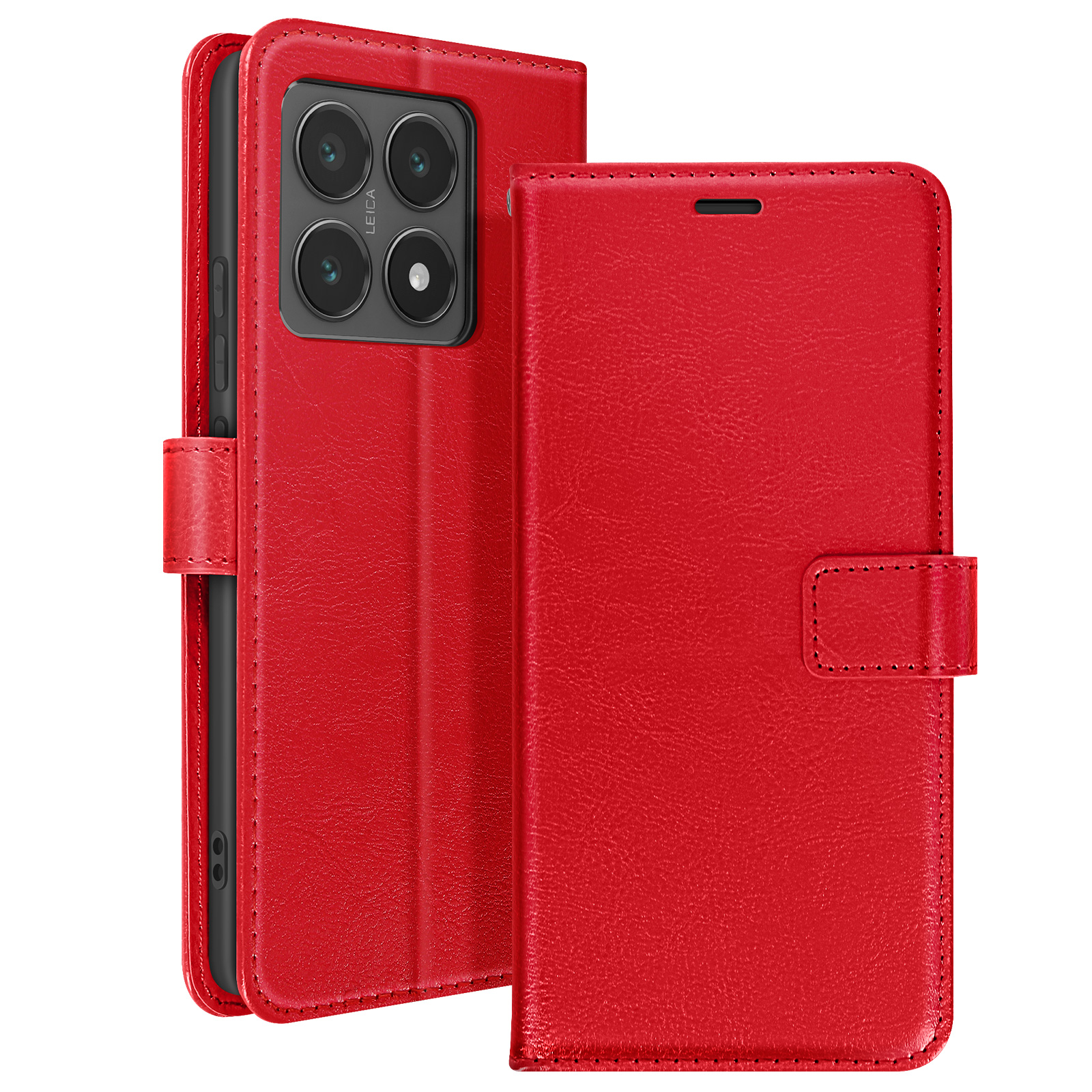 Una custodia rossa per telefono è aperta. Il telefono è nero e ha fotocamere e flash.