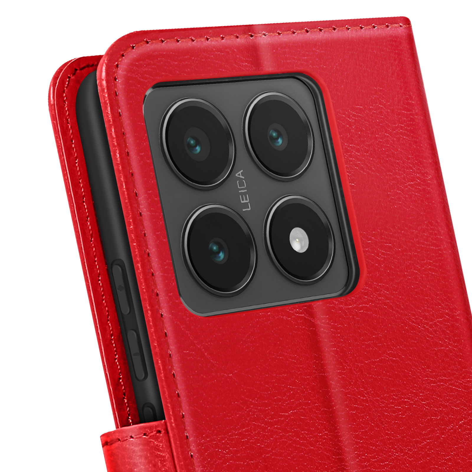 Custodia rossa per telefono con lenti della fotocamera. Marchio Leica visibile.