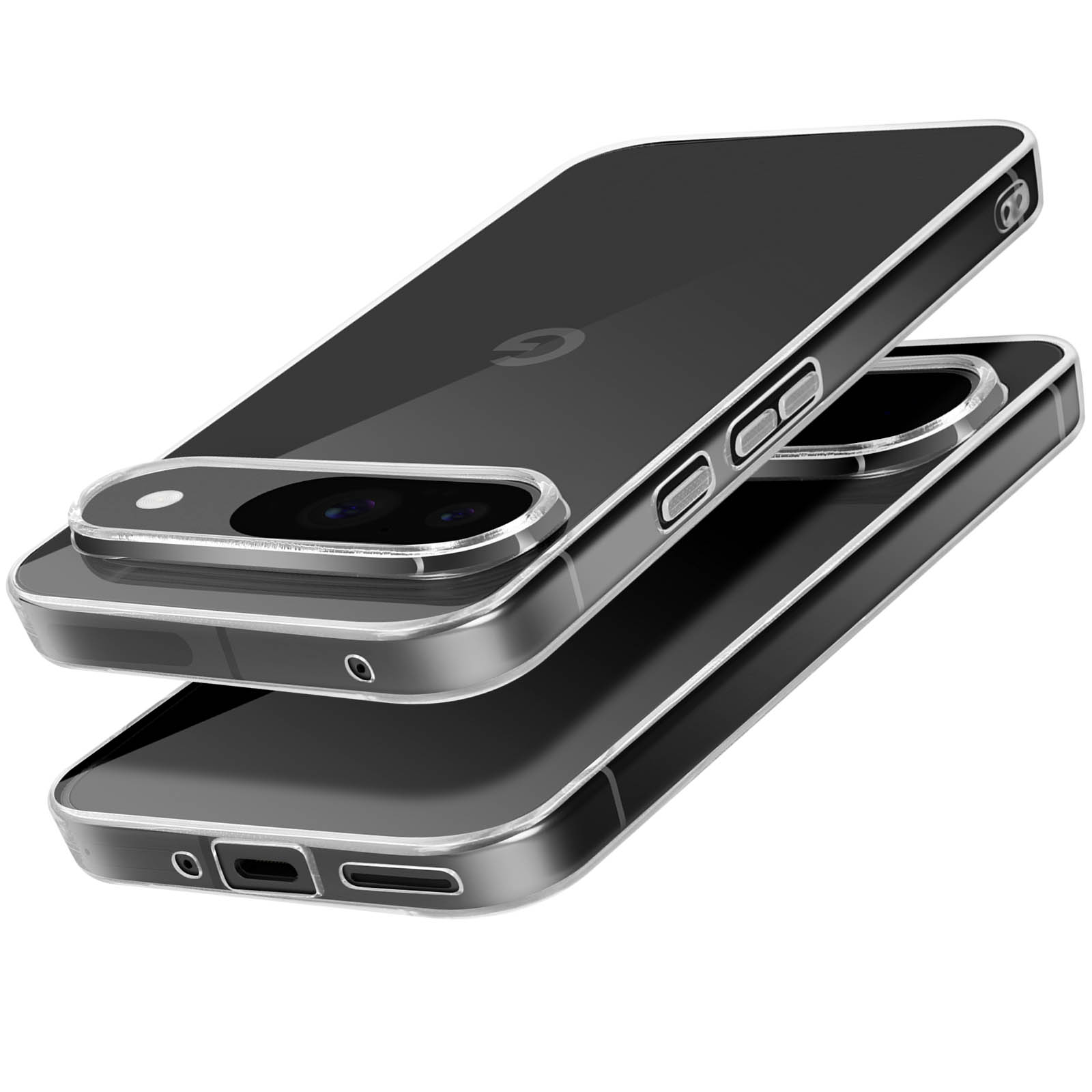 Due telefoni in custodie trasparenti, uno sull'altro, che mostrano la fotocamera e le porte.