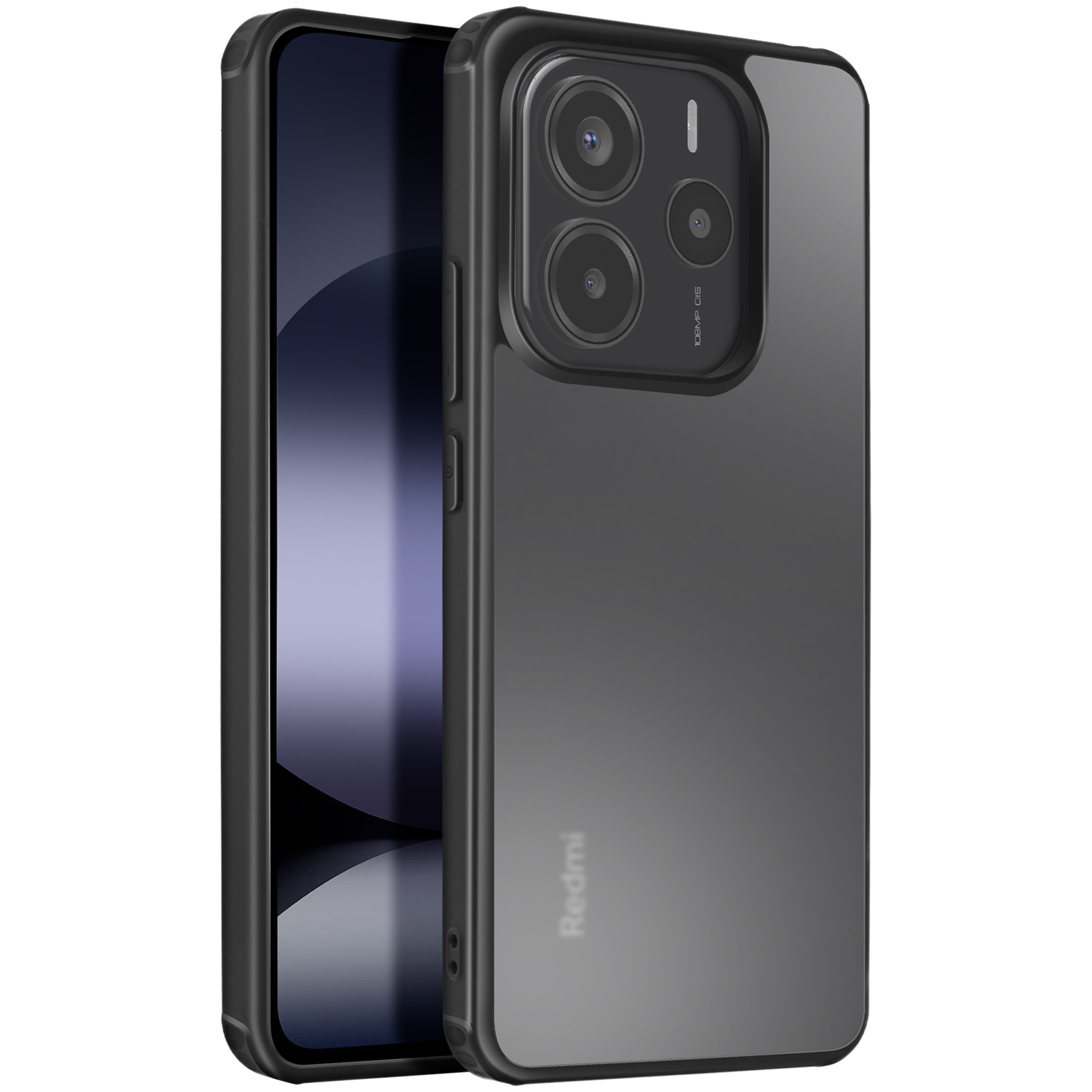 Custodia per telefono nera con telefono all'interno e lenti della fotocamera, con il marchio Redmi.