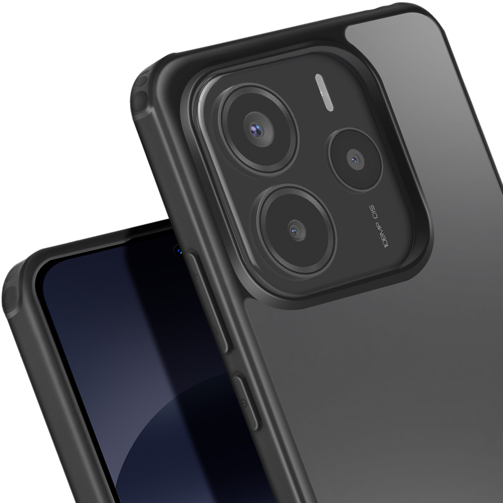 Una custodia trasparente per telefono è su un telefono nero. Le lenti della fotocamera sono visibili.