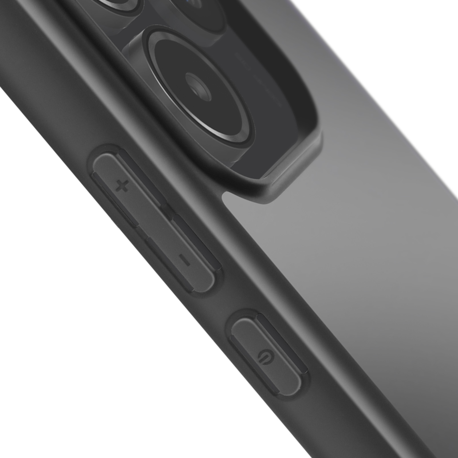 Primo piano di una custodia per telefono con pulsanti e lenti della fotocamera, nera.