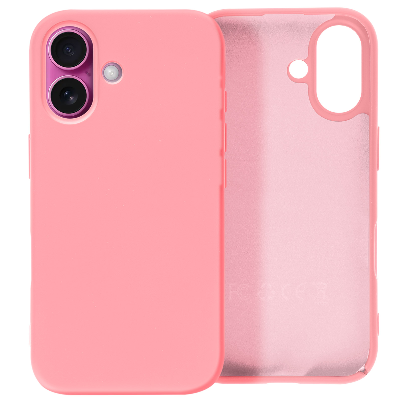 Custodia per telefono rosa, vuota dentro, due pezzi, su sfondo bianco.