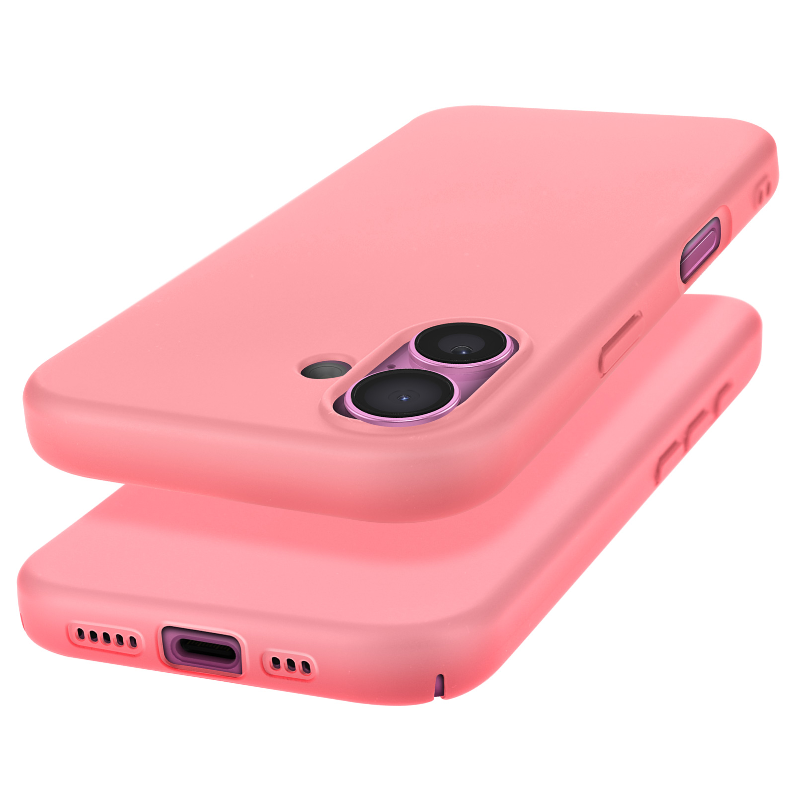 Due custodie per telefono rosa, impilate, che mostrano lenti della fotocamera e pulsanti.