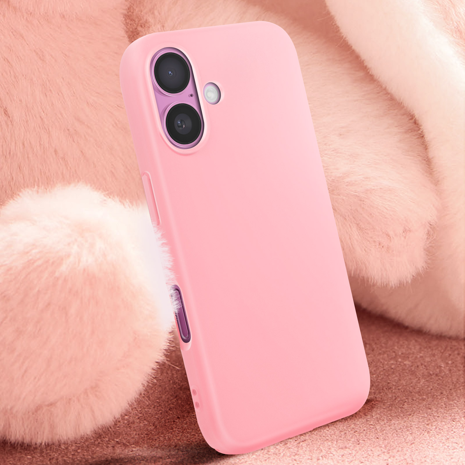 Custodia per telefono rosa con lenti della fotocamera e uno sfondo rosa e soffice.