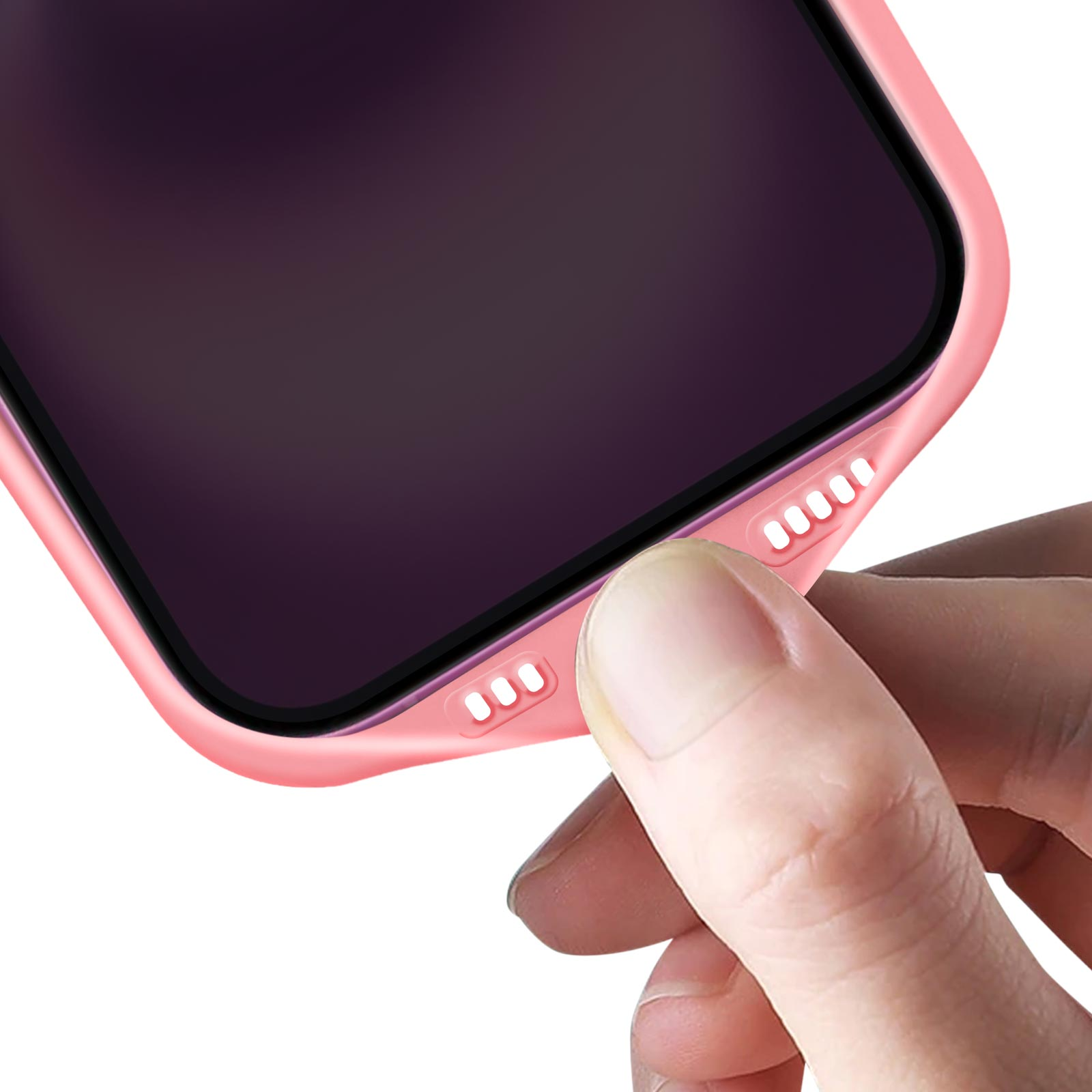 Una mano che tiene una custodia rosa con i pulsanti del telefono visibili.