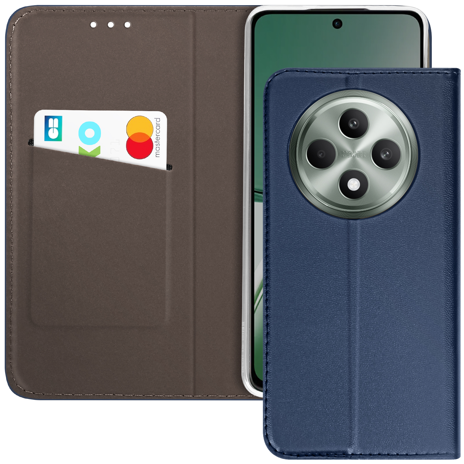 Una custodia blu per telefono è aperta, mostrando un telefono con schermo verde e fessura per carta di credito.