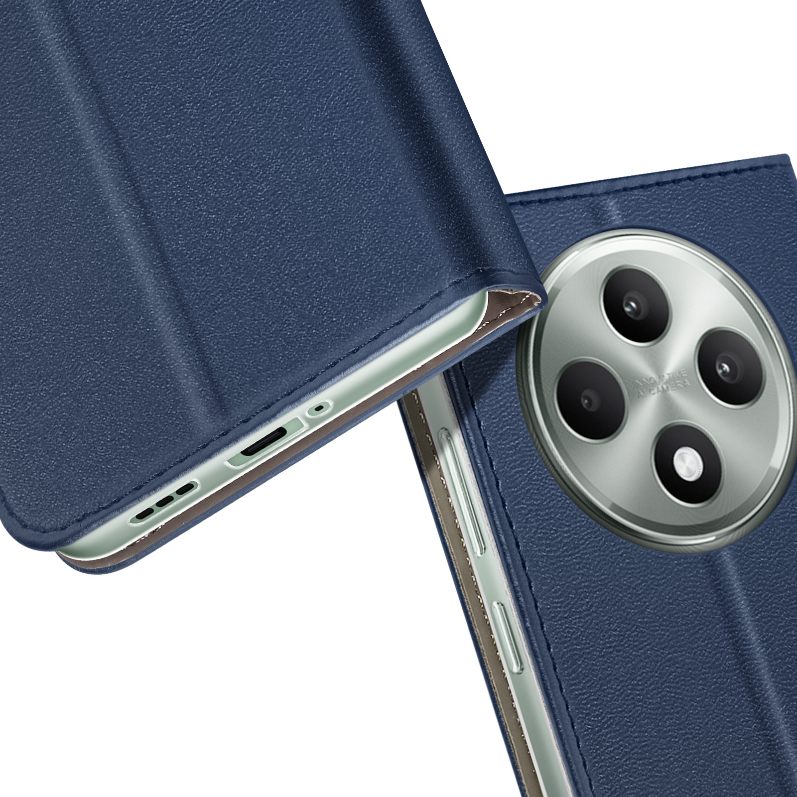 Primo piano del modulo fotocamera del telefono all'interno di una custodia blu. La fotocamera ha tre lenti.