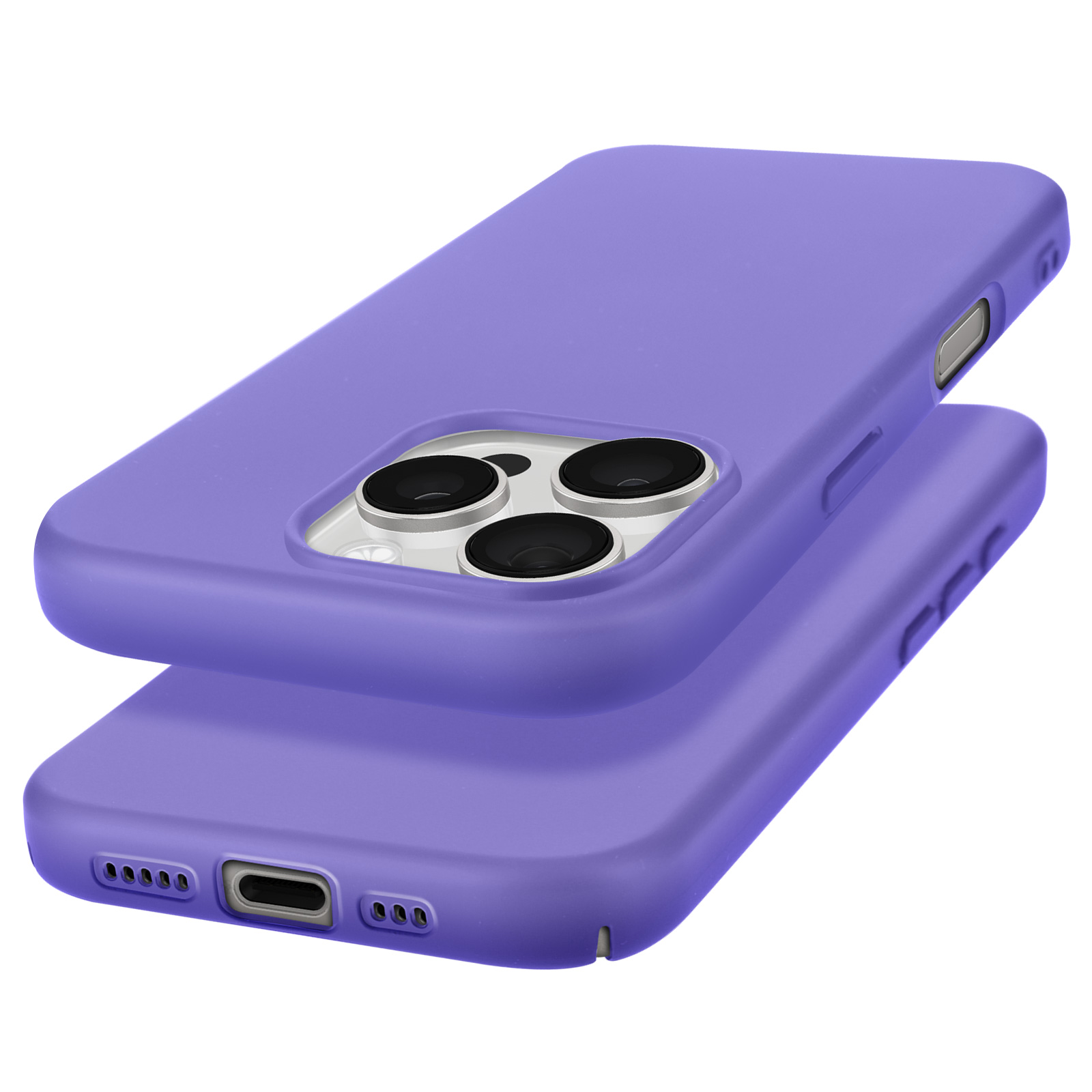 Due custodie viola per telefono sono impilate, mostrando i ritagli della fotocamera e delle porte. Le custodie sono semplici.
