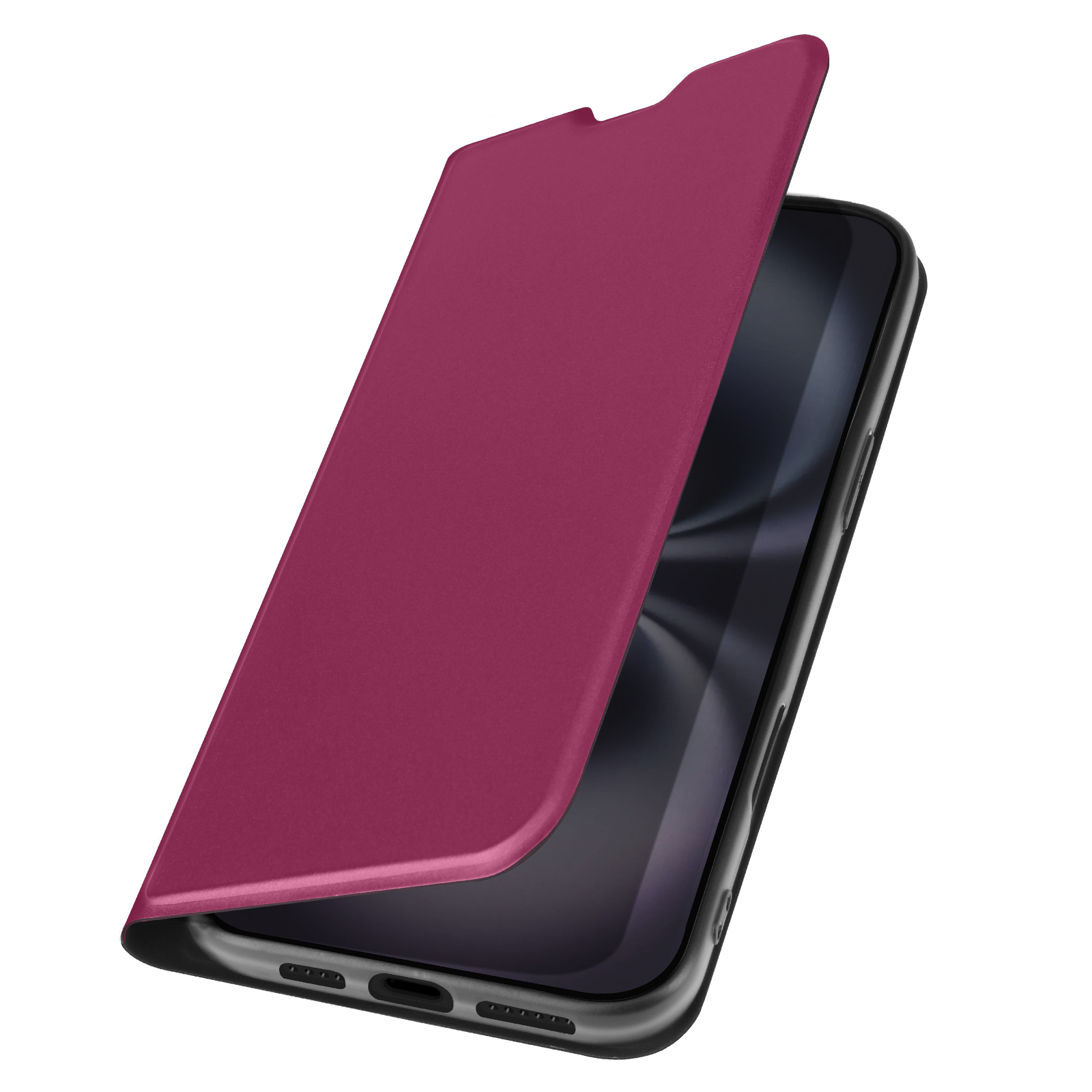 Una cover bordeaux per telefono, aperta, che rivela uno schermo nero. La cover è aperta.