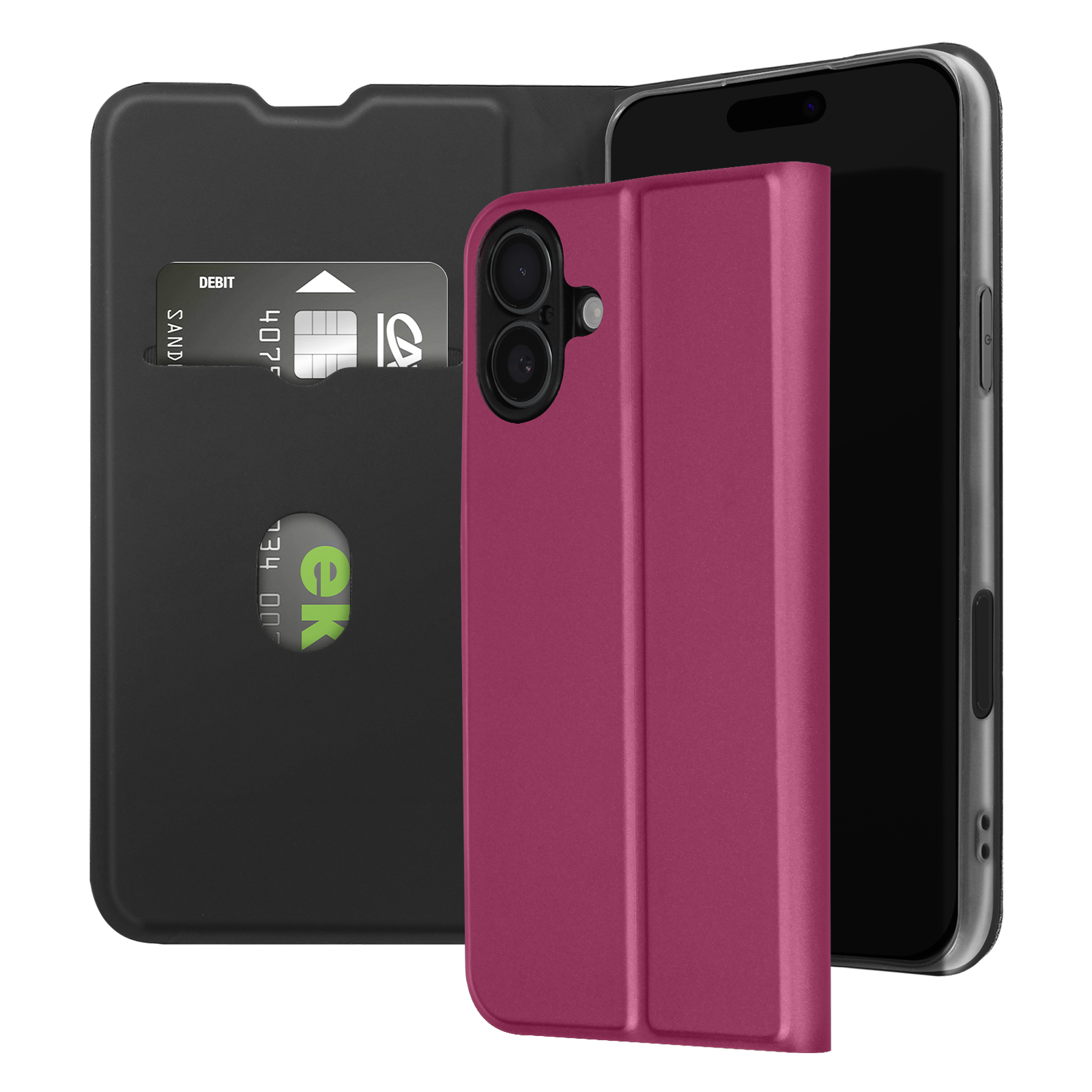 Una custodia per telefono, aperta, che mostra un telefono e fessure per carte. Carte e telefono.