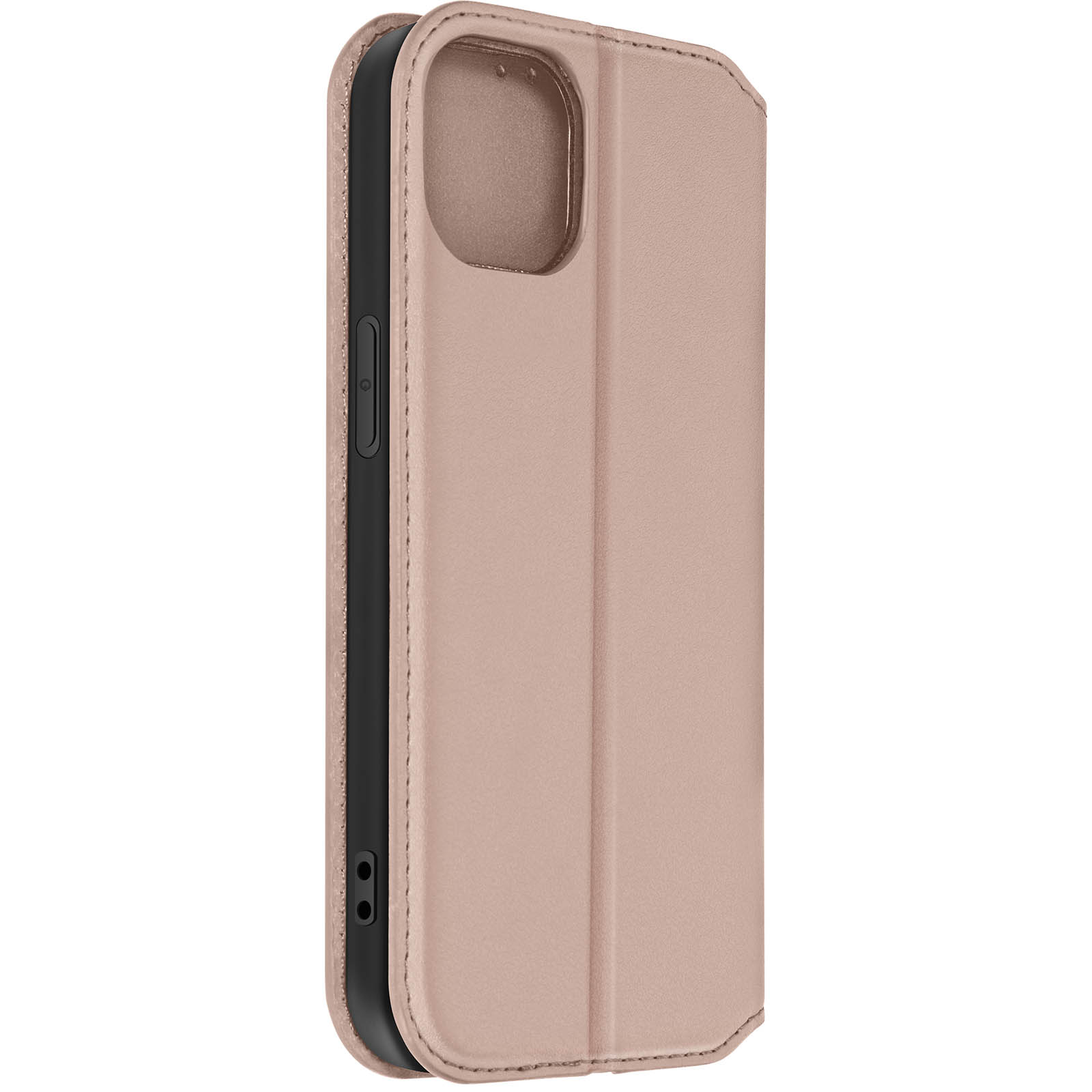 Un primo piano di una custodia per telefono rosa, chiusa, con un telefono nero all'interno. È su una superficie bianca.