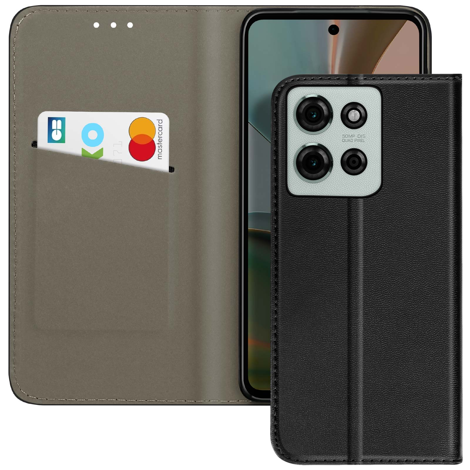 Custodia nera per telefono che mostra una carta di credito e una fotocamera. La custodia è aperta. Sfondo bianco.