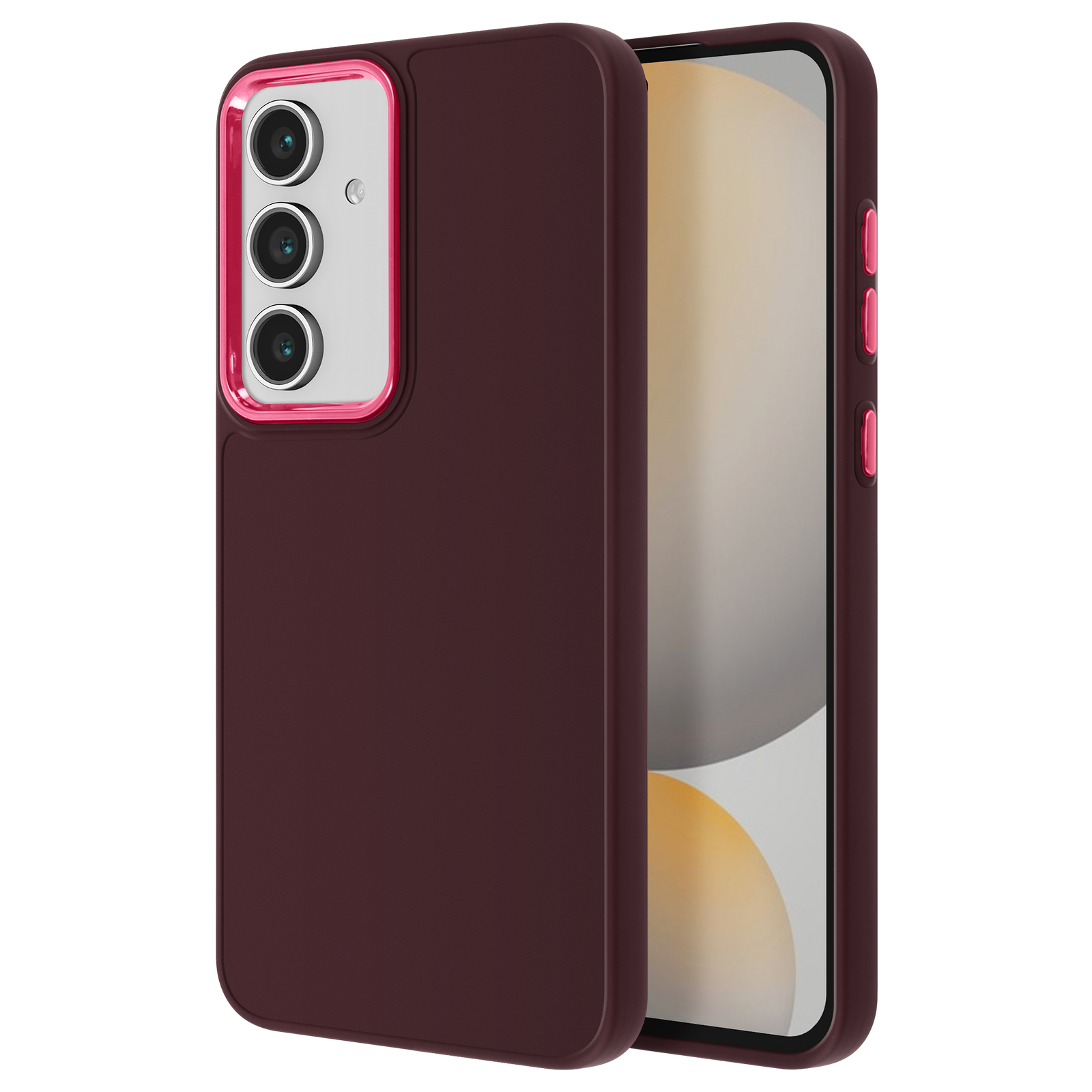 Una custodia per telefono bordeaux con un telefono all'interno. La custodia ha tre obiettivi con un bordo rosa.