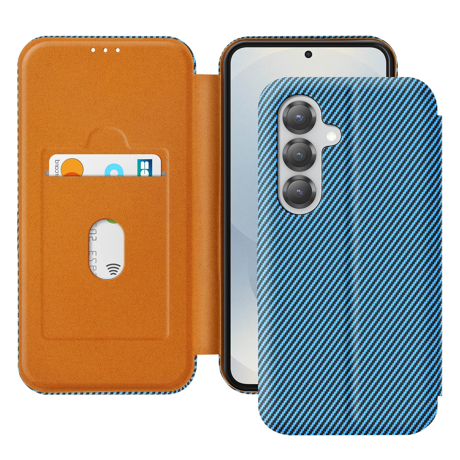 Custodia per telefono aperta con motivo in denim blu. Un telefono è visibile, con una sezione portafoglio.