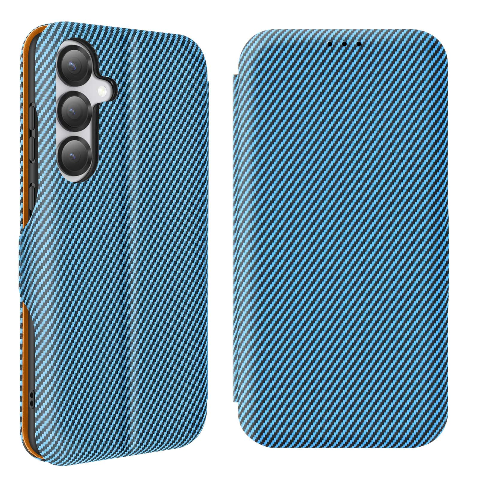 Custodia per telefono blu con motivo a linee diagonali. Aperta, rivela un telefono.