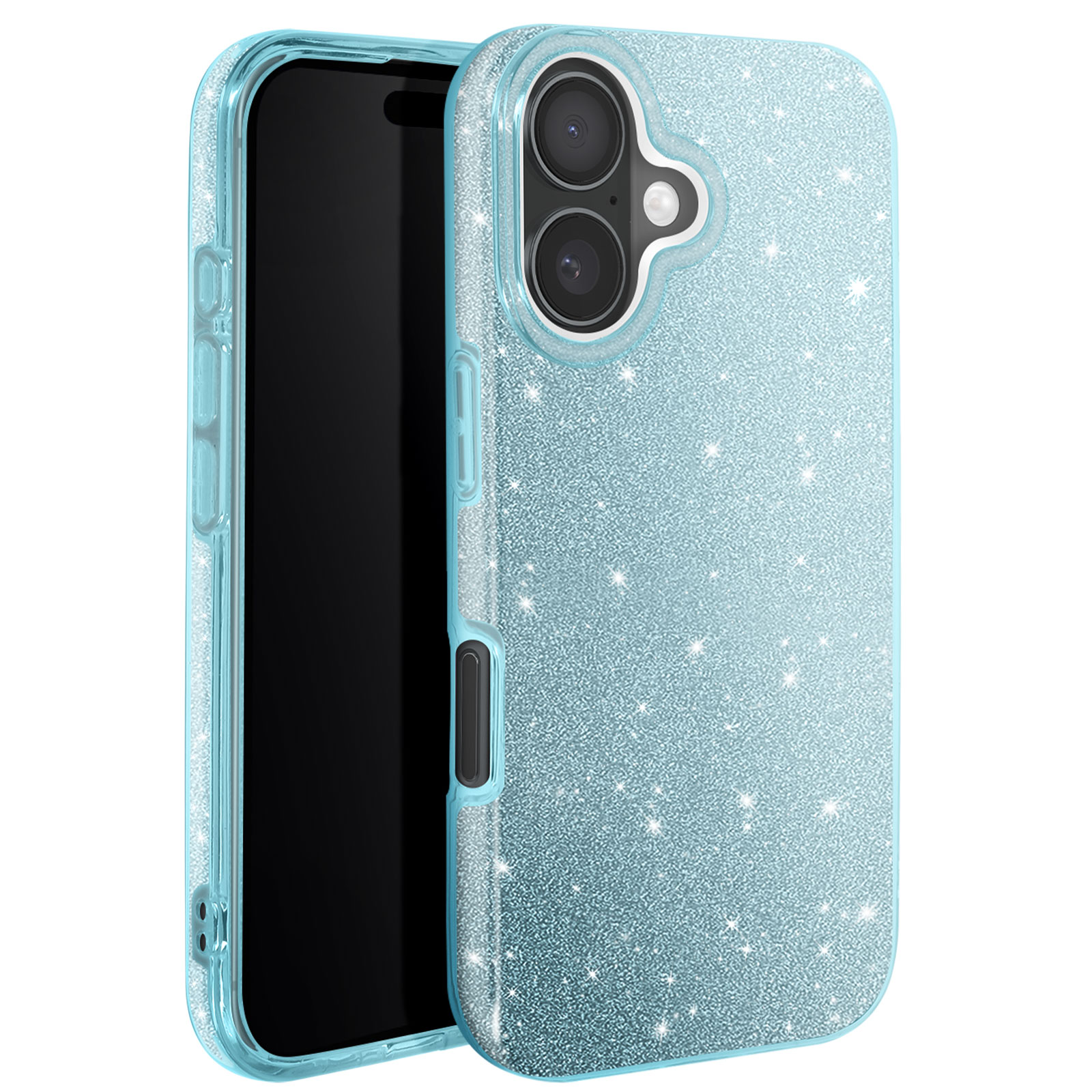 Custodia con superficie blu glitterata e telefono all'interno. Aperta, con due fotocamere.