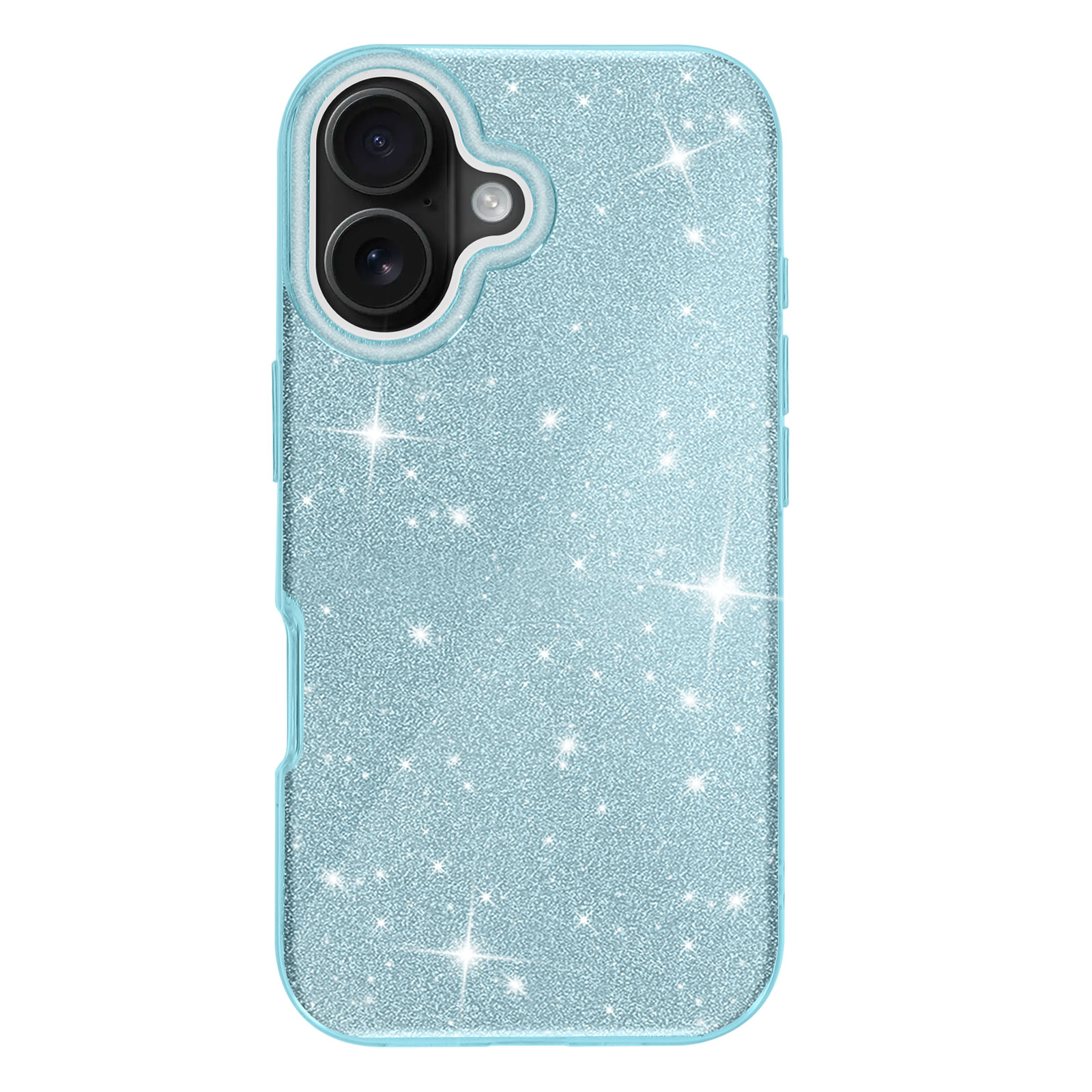 Custodia per telefono azzurra con design glitter e stelle, con ritagli per fotocamera e pulsanti.