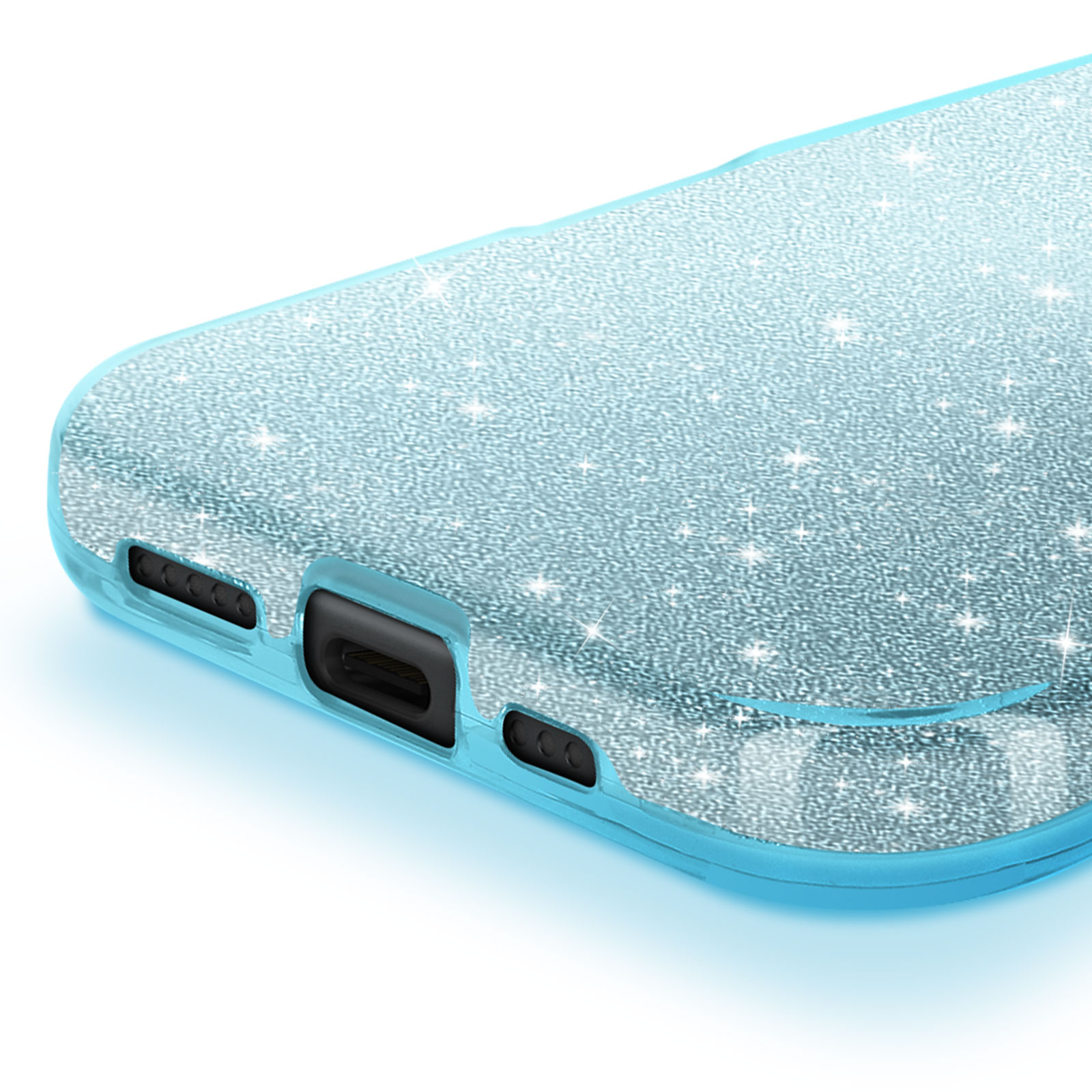 Primo piano di una custodia per telefono azzurra con glitter. Fori per le porte.