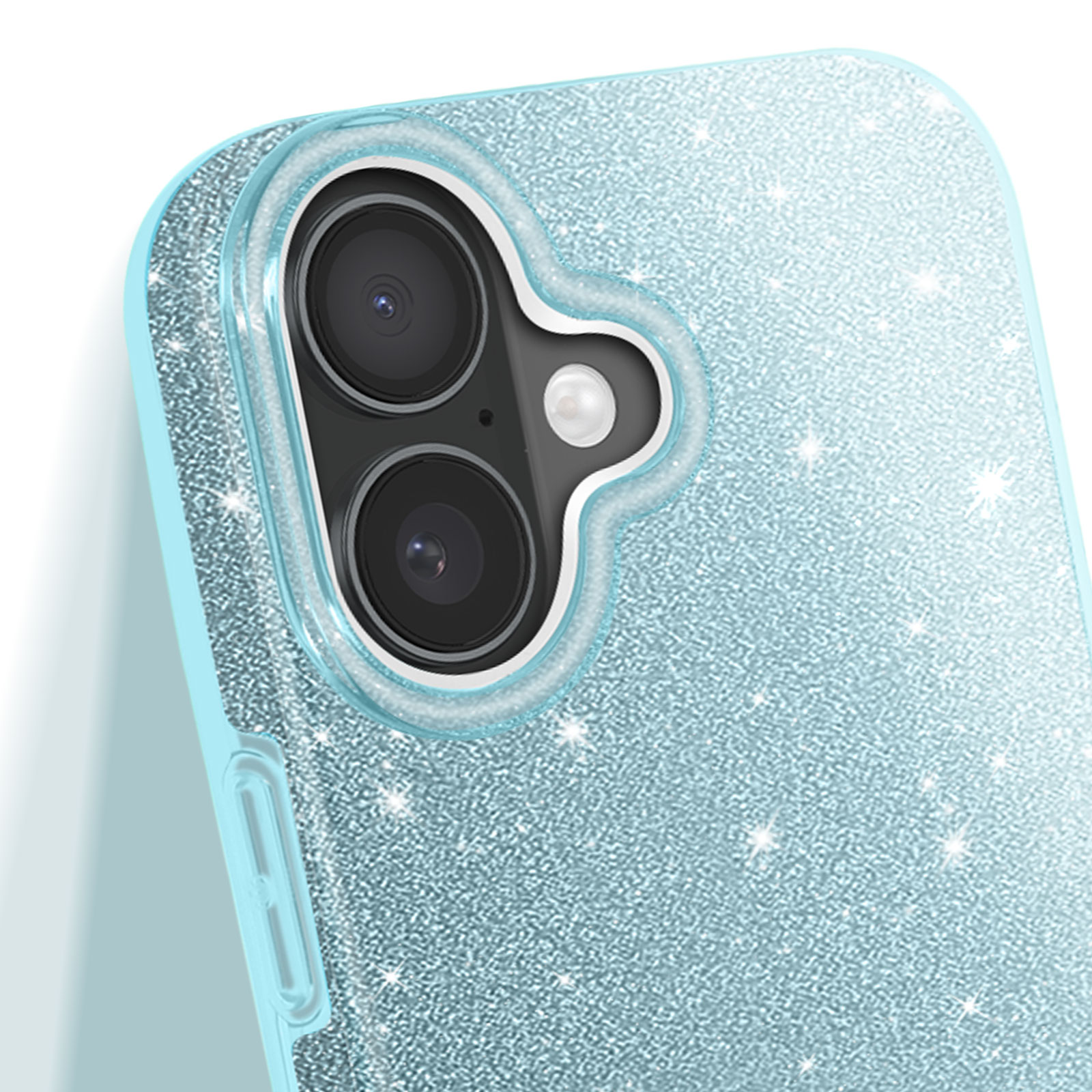 Primo piano di una custodia blu glitterata con due fotocamere e bordo azzurro.