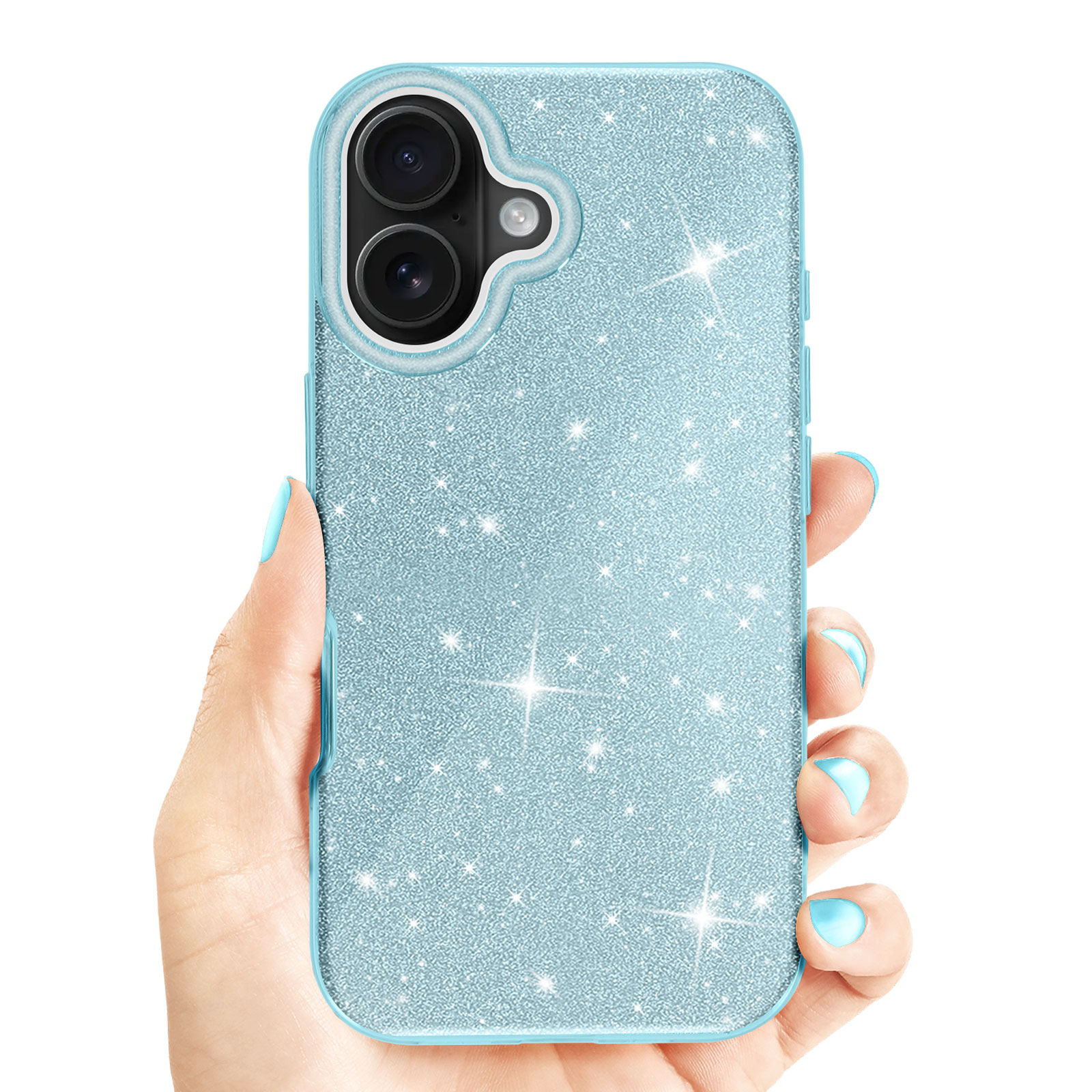 Mano che tiene una custodia blu glitterata. La custodia ha due fotocamere ed è blu.