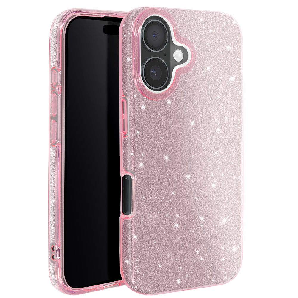 Rosa glitzernde Handyhülle offen mit Telefon. Zwei Kameras sichtbar.